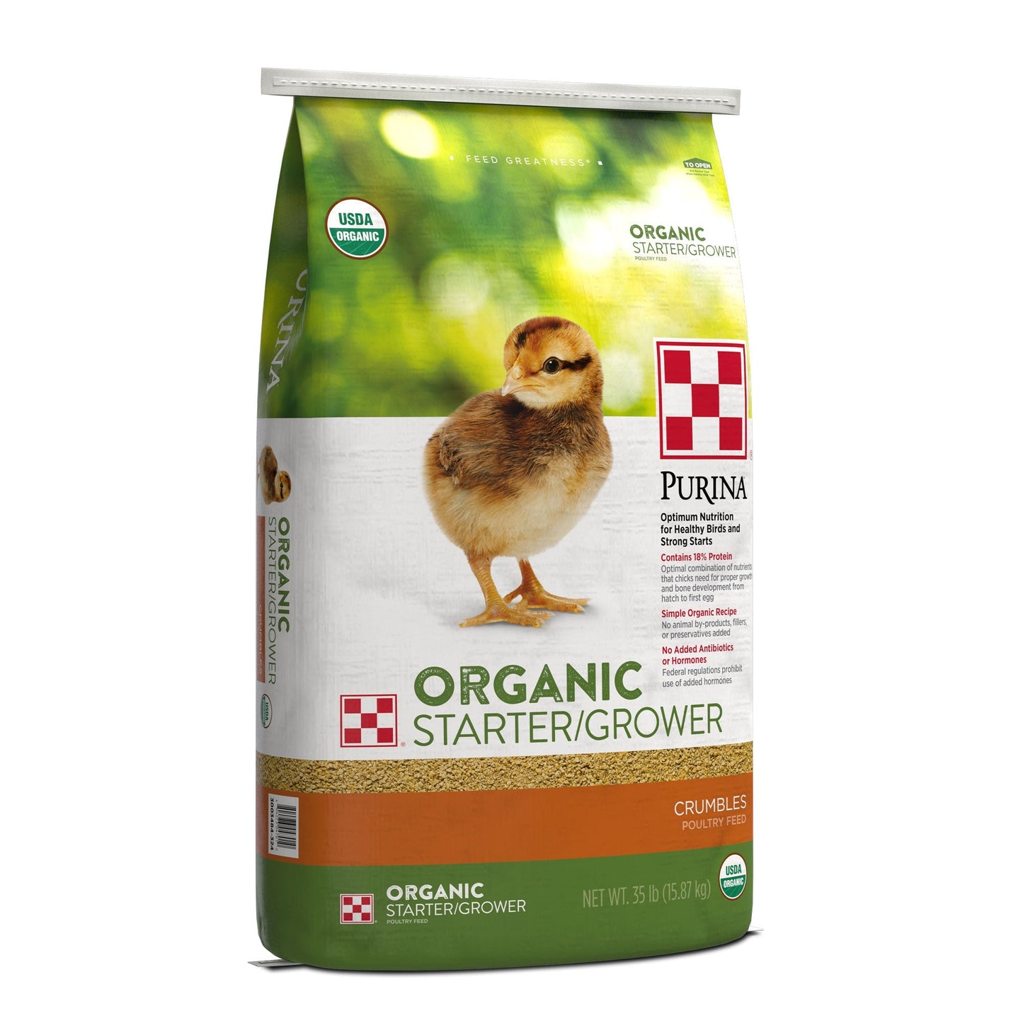 Left angle of Purina Organic Starter/Grower 35 Pound Bag