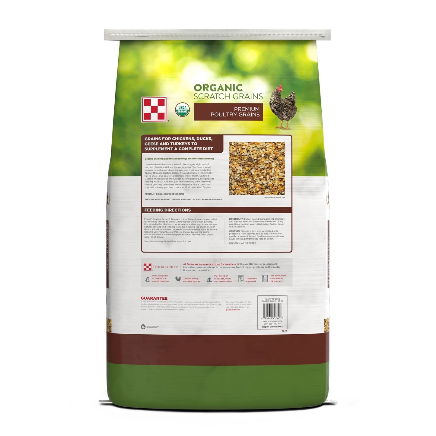 Back of Purina Organic Scratch Grains 35 Pound Bag