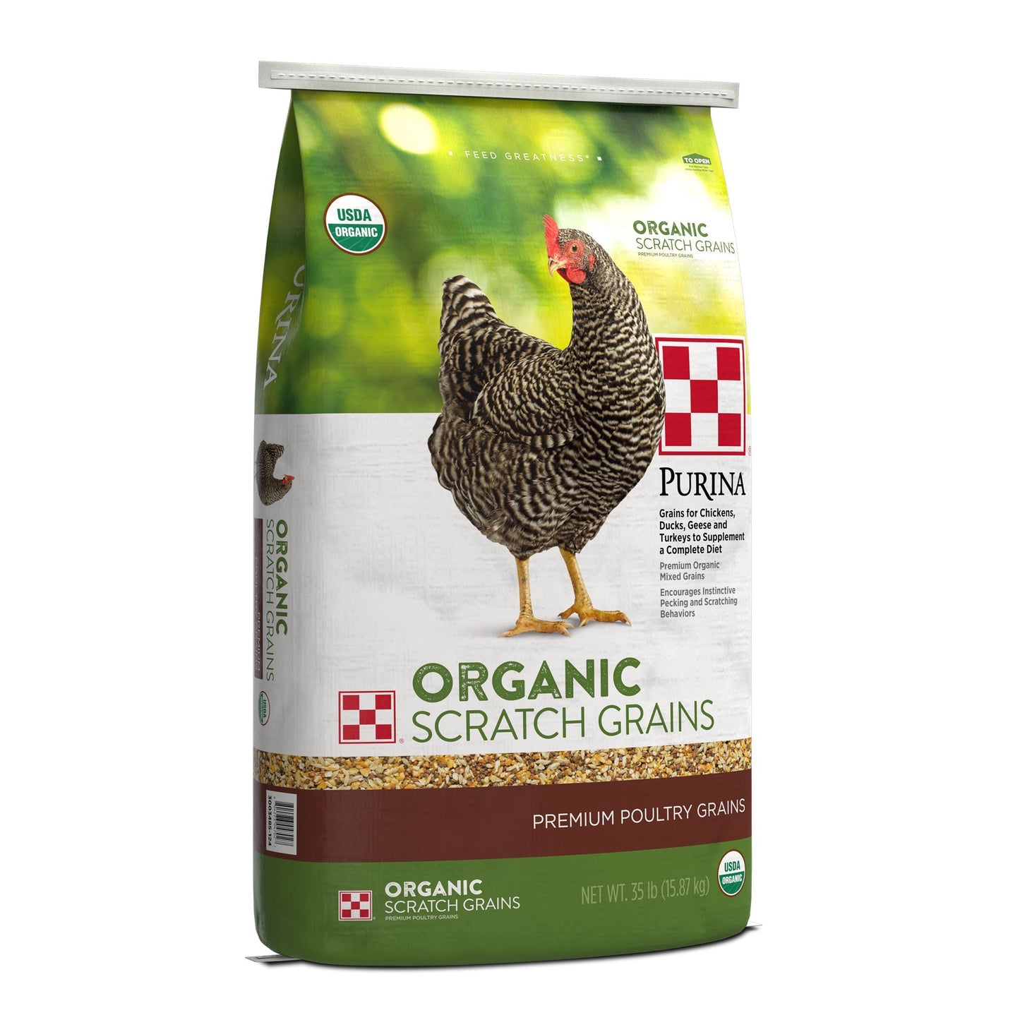 Left angle of Purina Organic Scratch Grains 35 Pound Bag