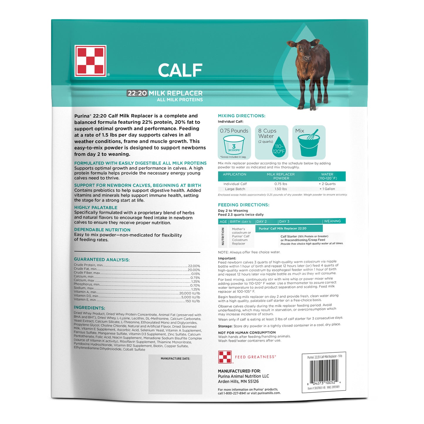 Back of Purina Calf Milk Replacer 9 Pound Bag