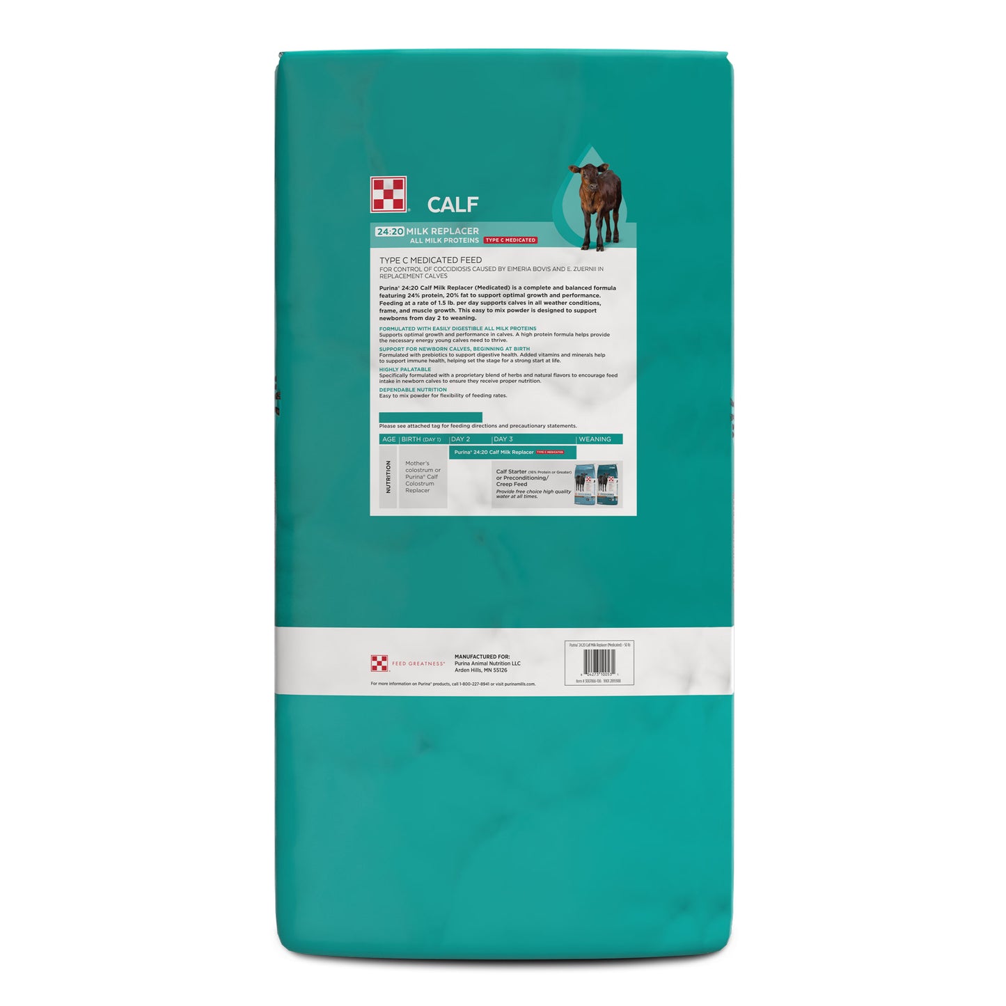 Back of Purina Calf 24-20 Medicated Milk replacer 50 Pound Bag