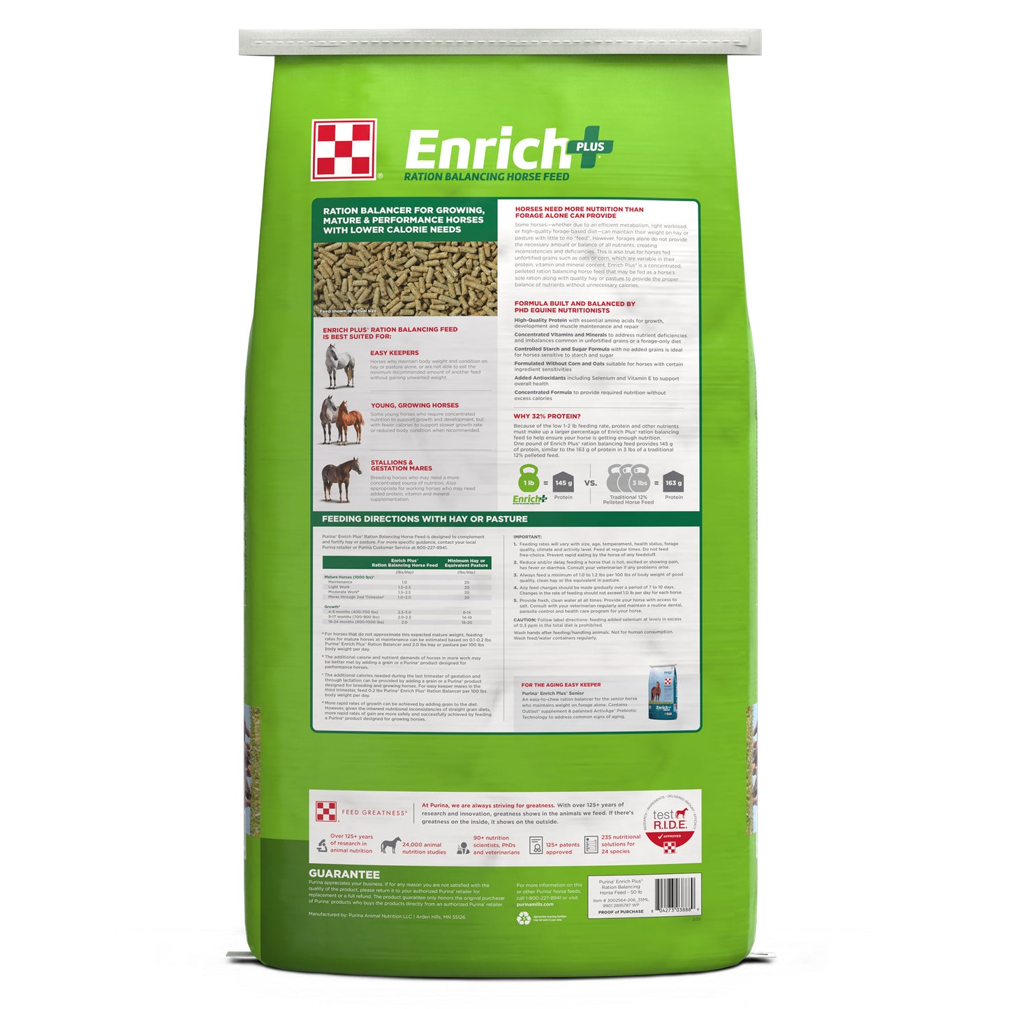 Back of Purina Enrich Plus 50 Pound Bag