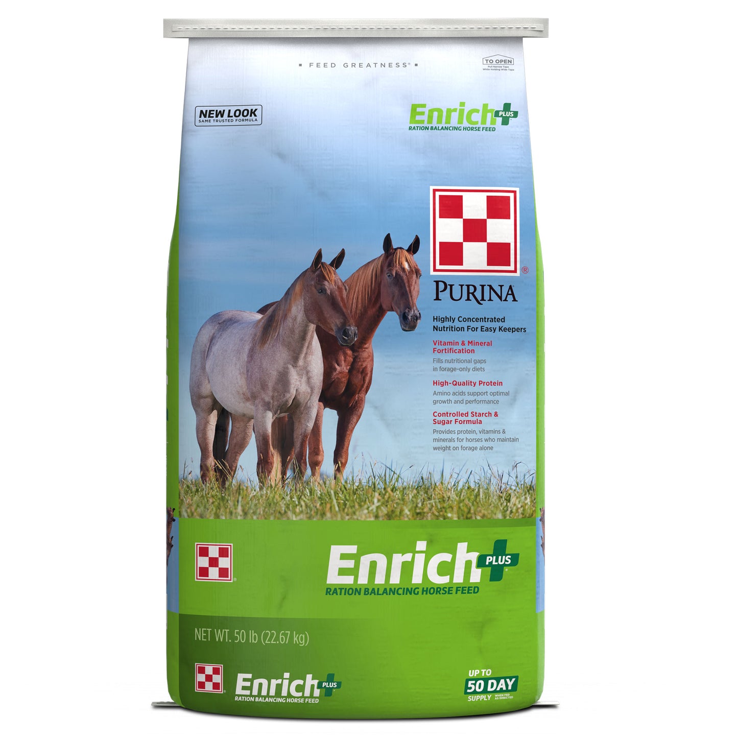 Front of Purina Enrich Plus 50 Pound Bag