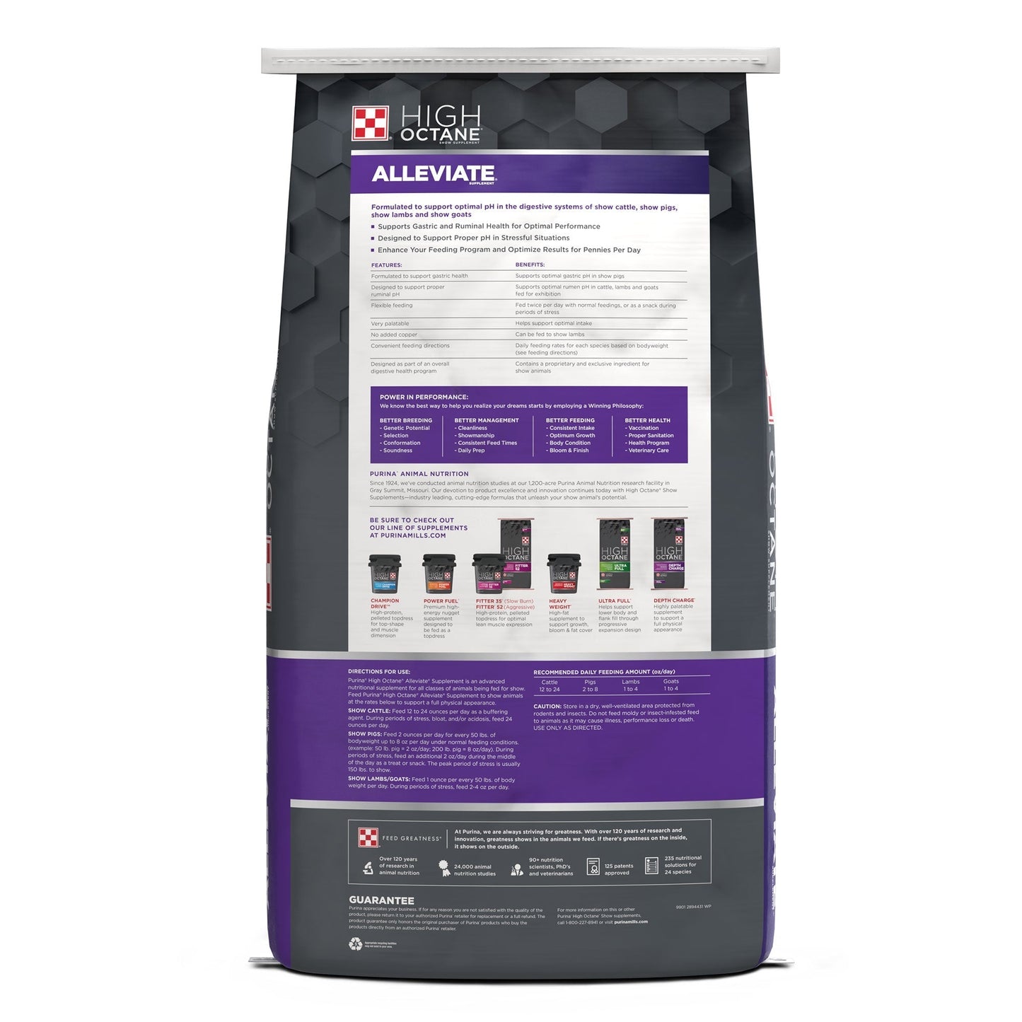 Back of Purina High Octane Alleviate Show Supplement