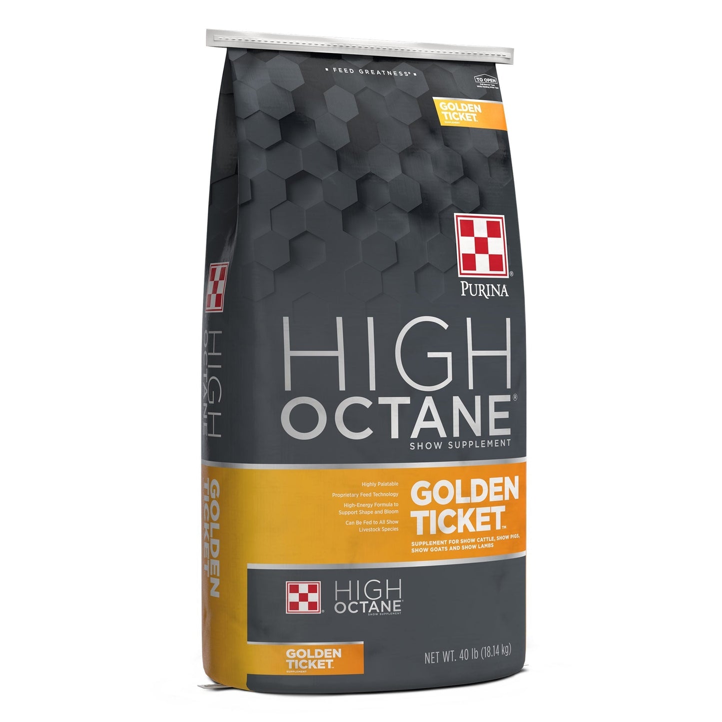Left angle of Purina High Octane Golden Ticket Show Supplement