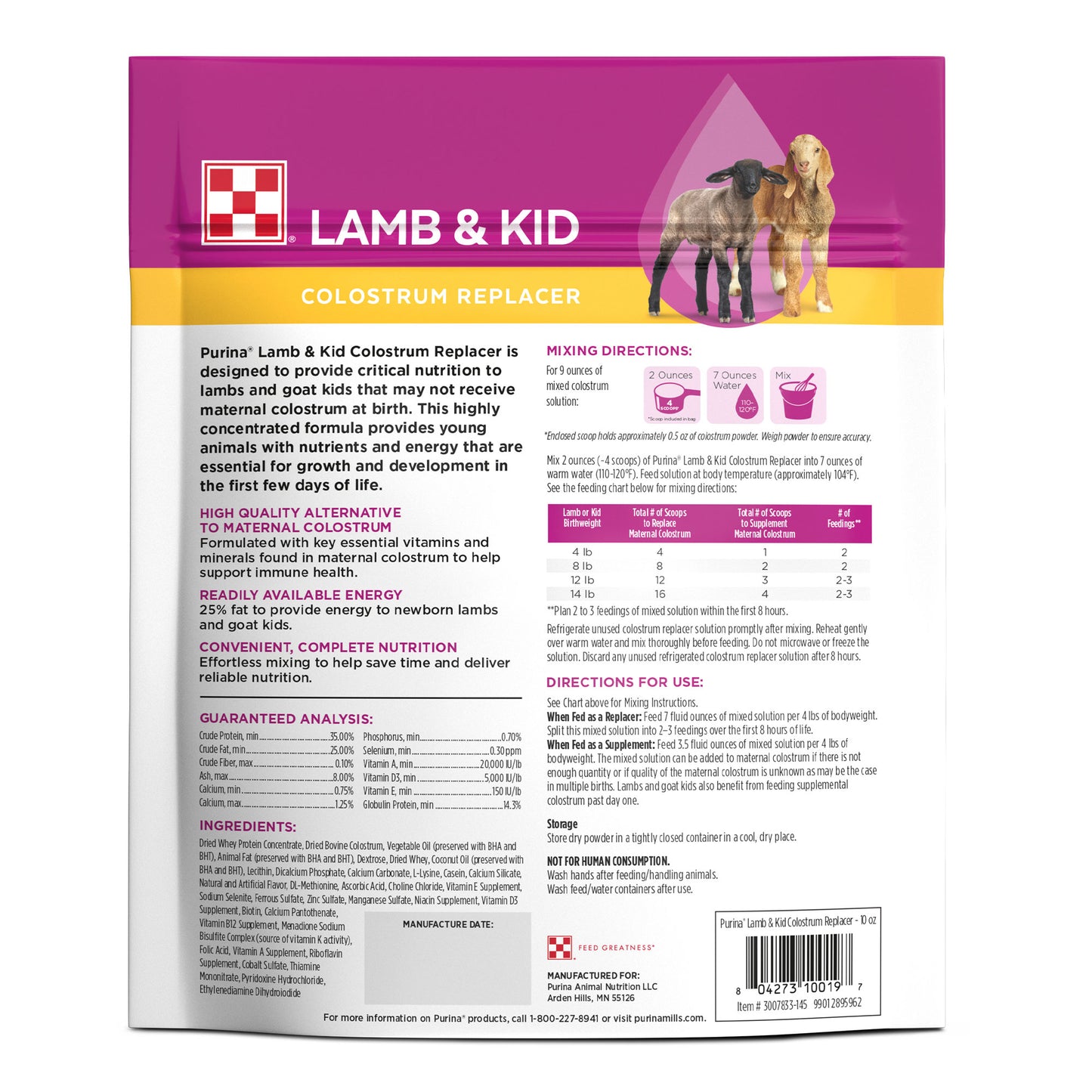 Back of Lamb and Kid Colostrum Replacer 10 oz pouch