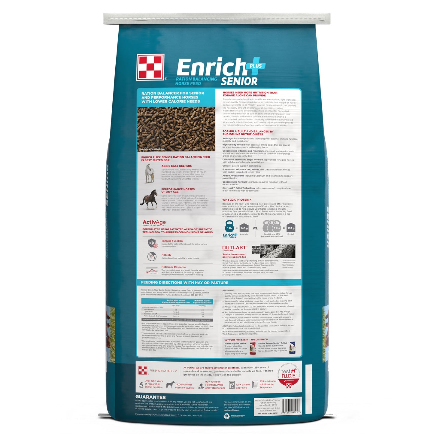 Back of Purina Enrich Plus Senior 50 Pound Bag