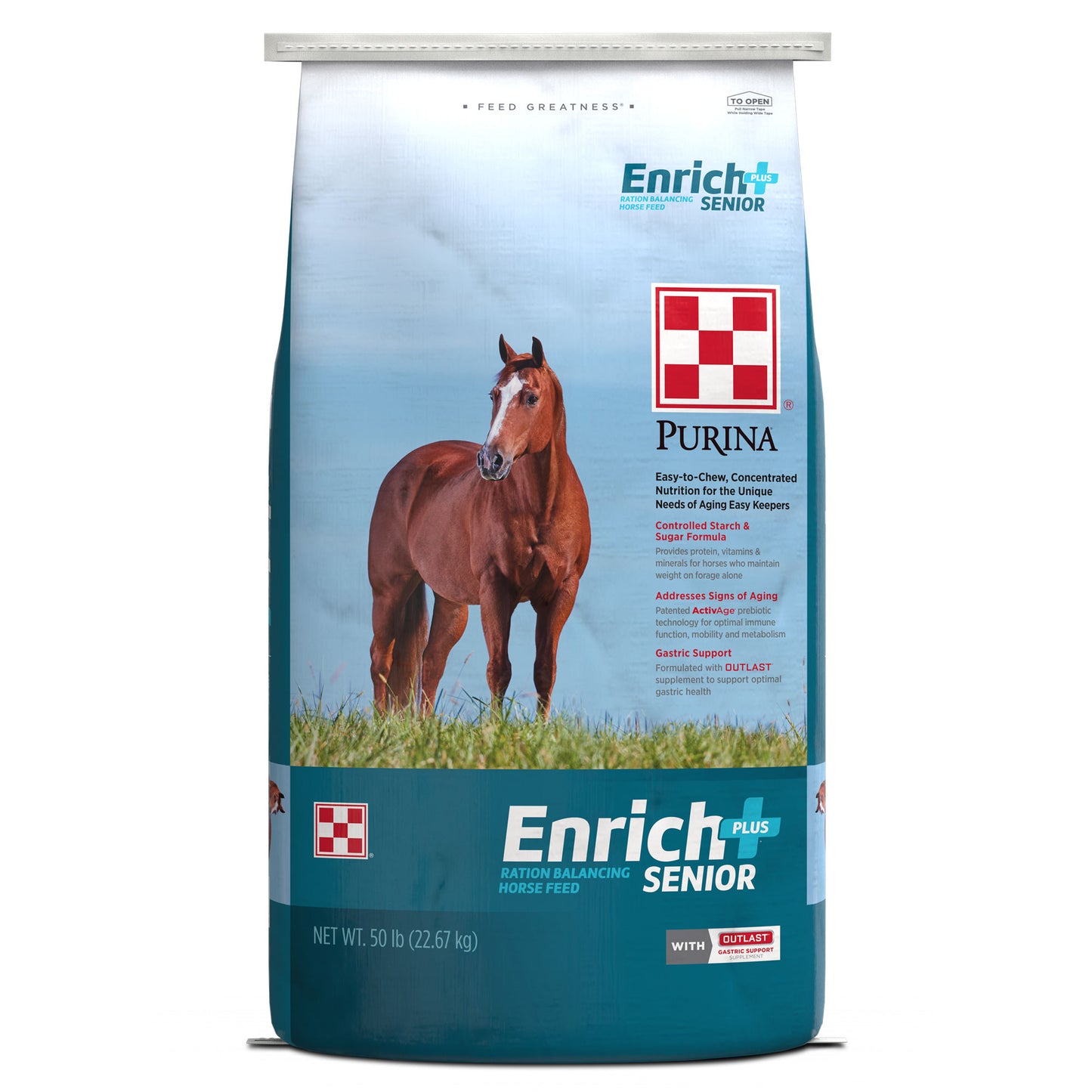 Front of Purina Enrich Plus Senior 50 Pound Bag