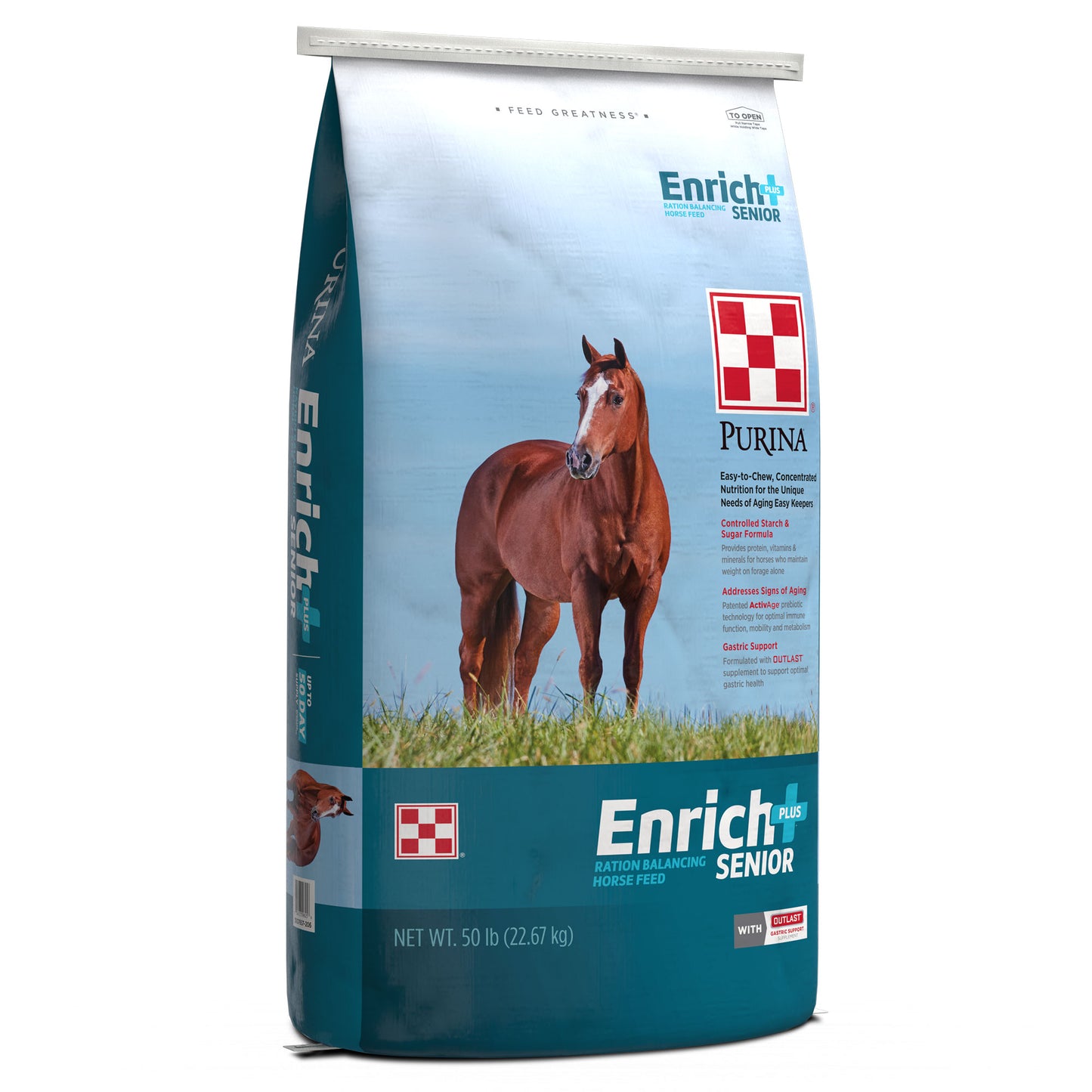 Left angle of Purina Enrich Plus Senior 50 Pound Bag