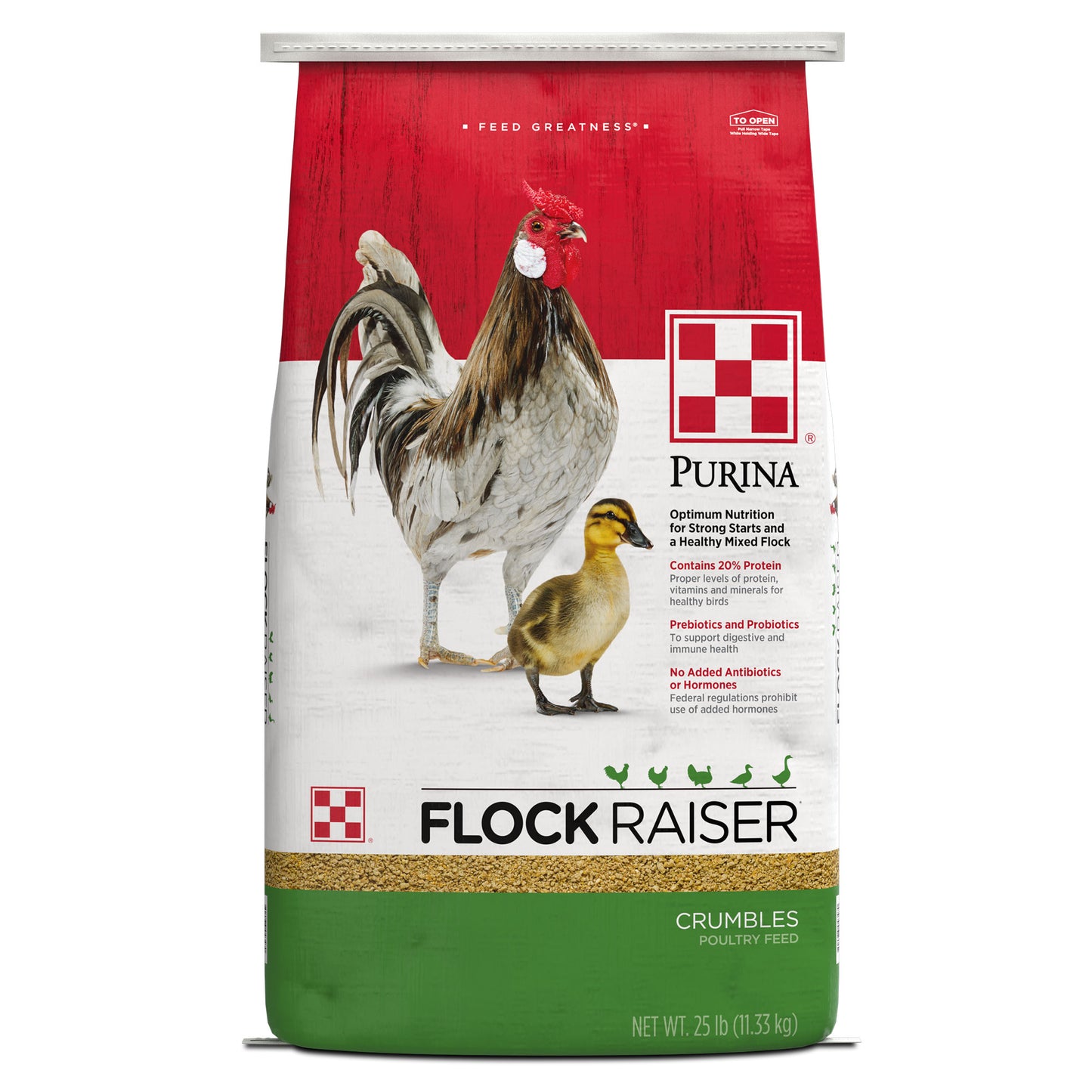 Front of Purina Flock Raiser Crumbles 50 Pound Bag