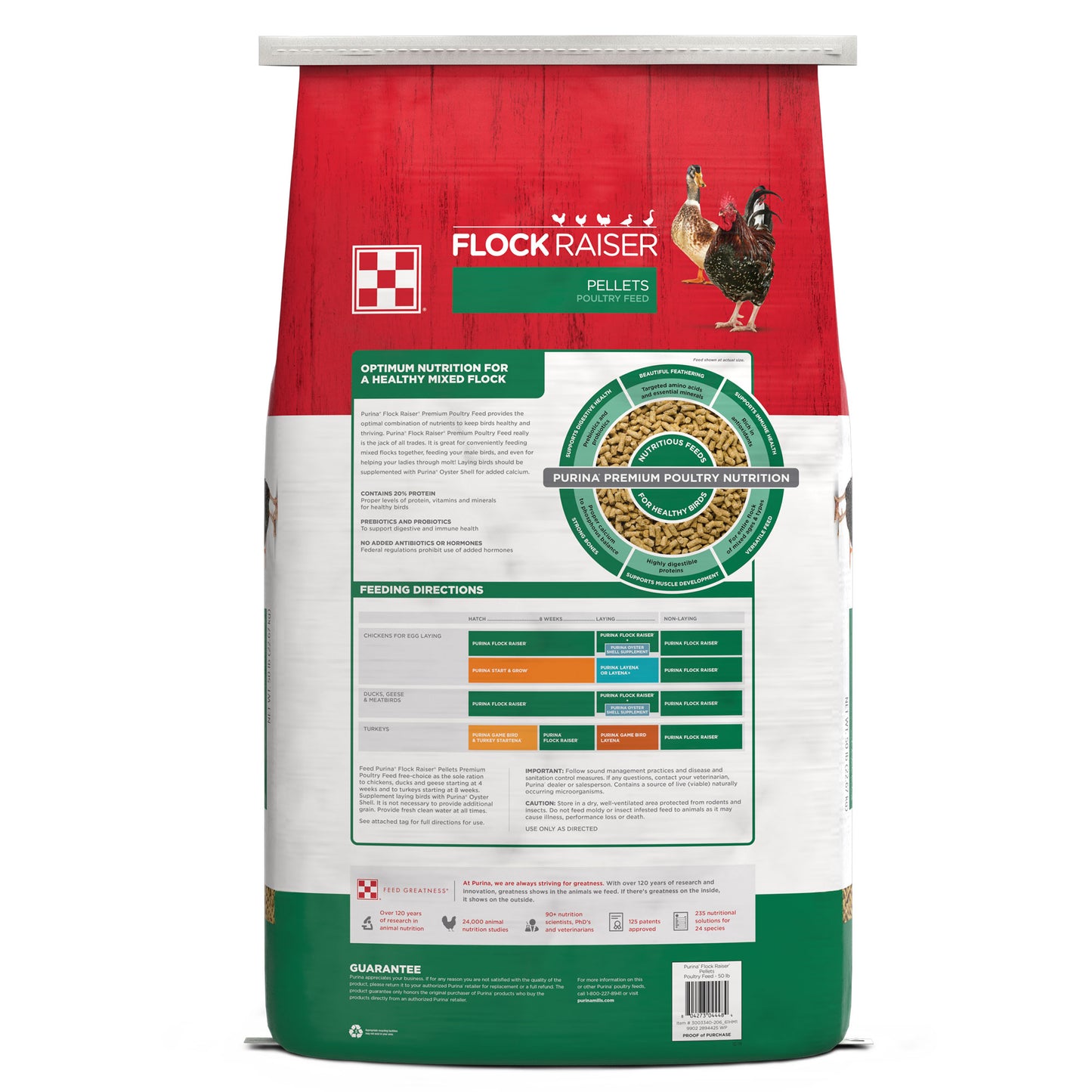 Back of Purina Flock Raiser Pellets 50 Pound Bag