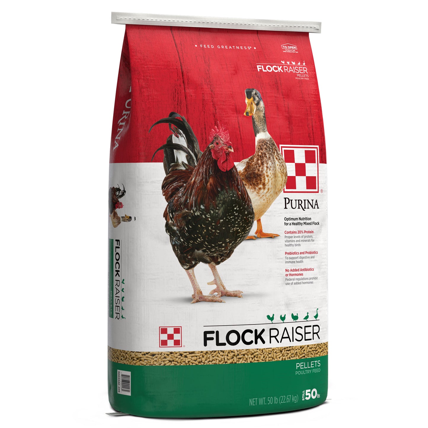 Left angle of Purina Flock Raiser Pellets 50 Pound Bag
