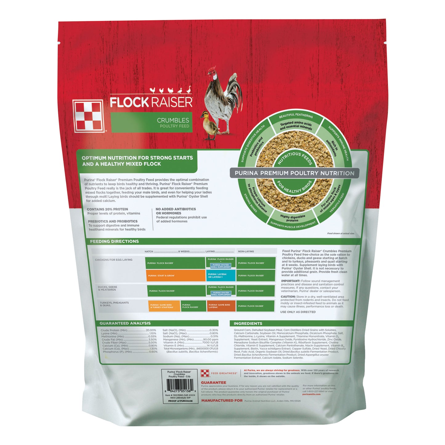 Back of Purina Flock Raiser Crumbles 5 Pound Bag