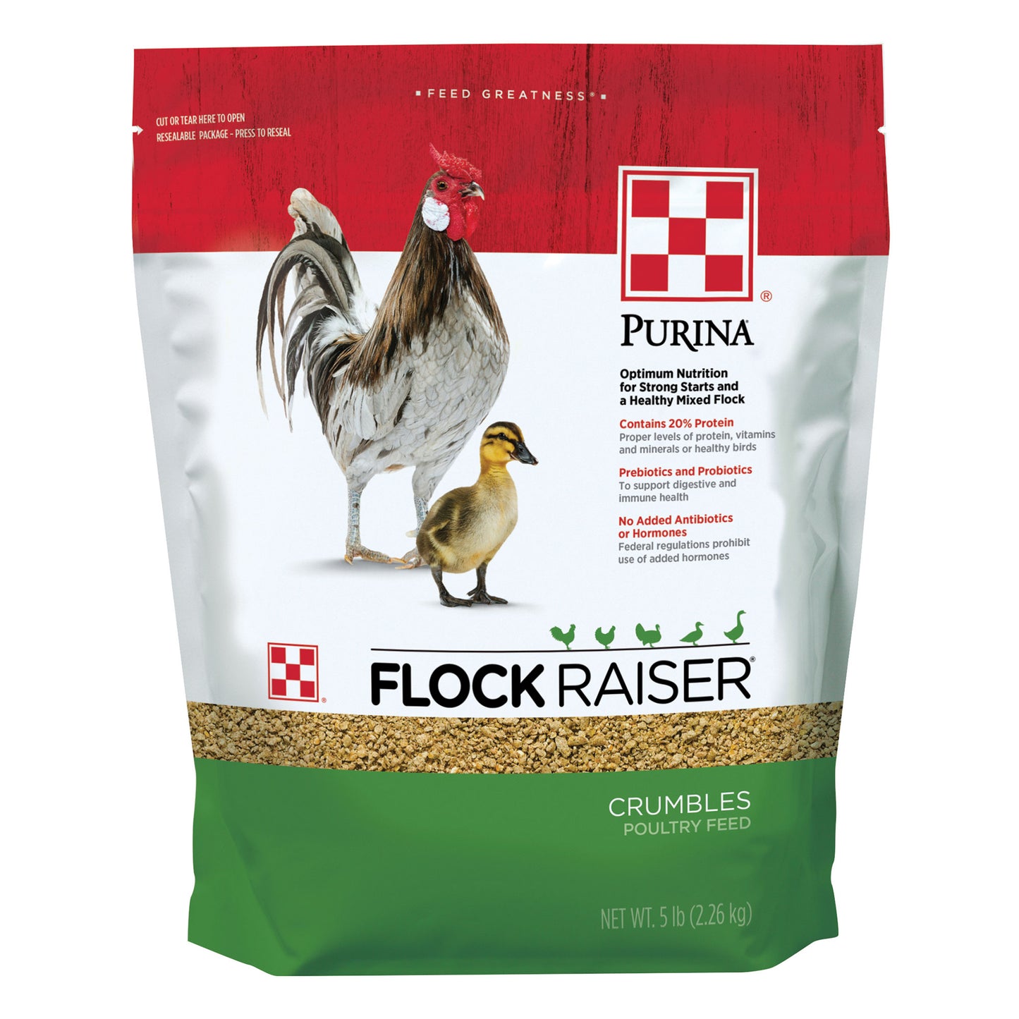 Front of Purina Flock Raiser Crumbles 5 Pound Bag