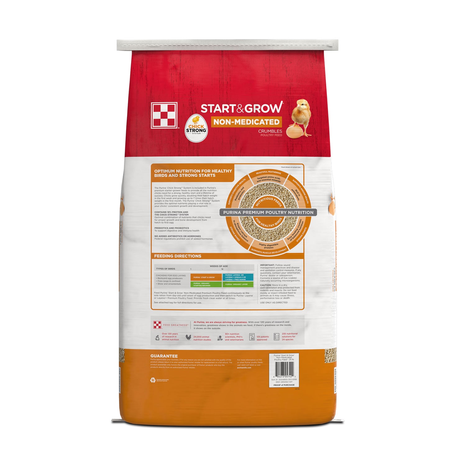 Back of Purina Start & Grow poultry feed 25 Pound bag