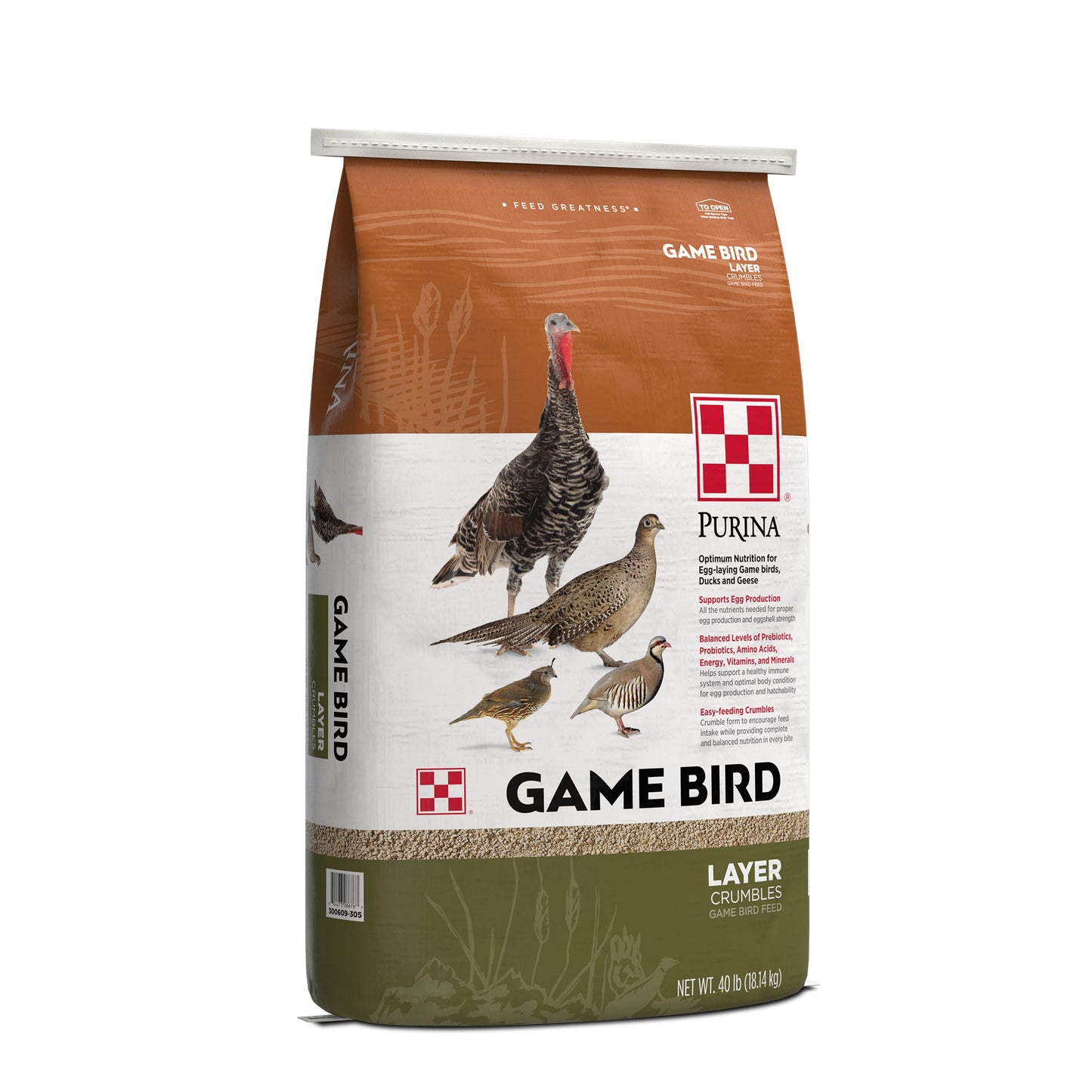 Left angle of Purina Game Bird Layer 40 Pound Bag