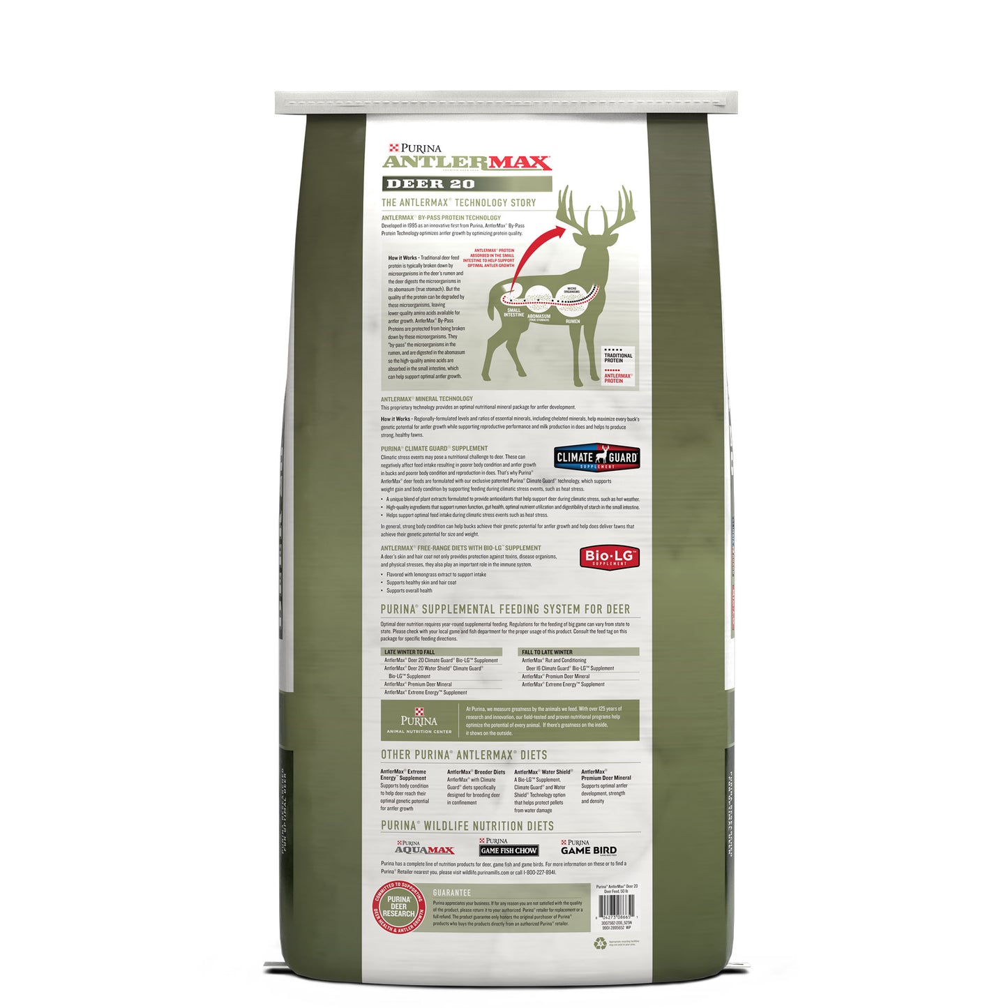 Back of Purina AntlerMax Deer 20 Climate Guard 50 Pound Bag
