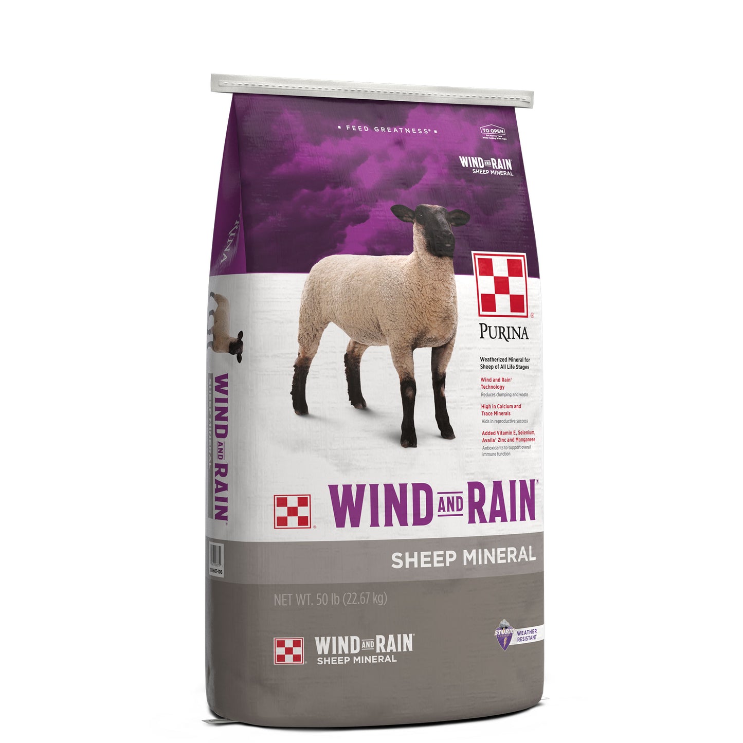 Purina Wind and Rain Mineral 50 Pound Bag angled Left