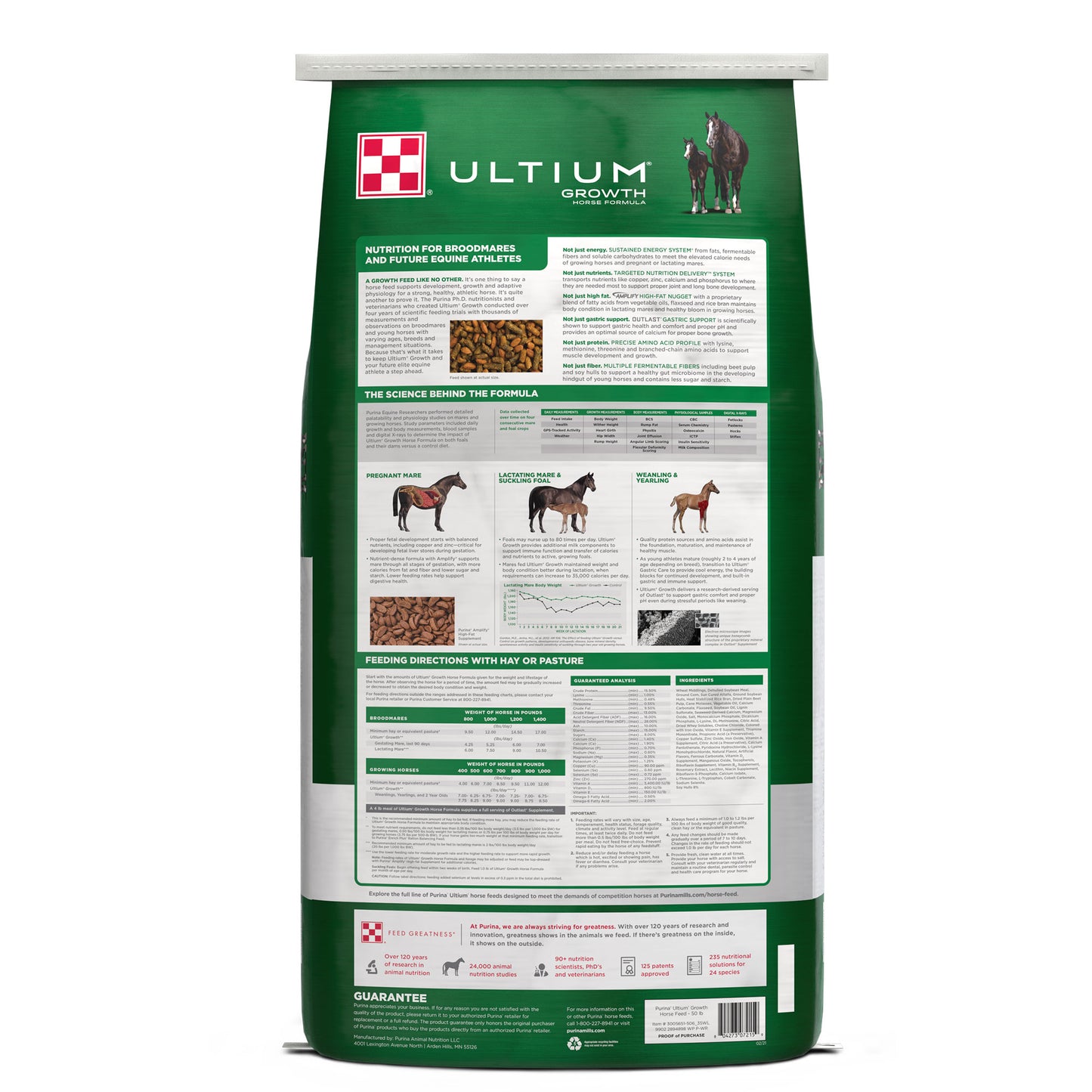 Back of Purina Ultium Growth Horse Formula 50 Pound Bag