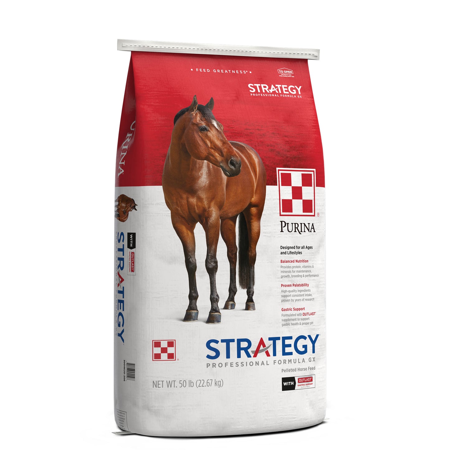 Left angle Purina Strategy GX Professional Formula 50 Pound Bag