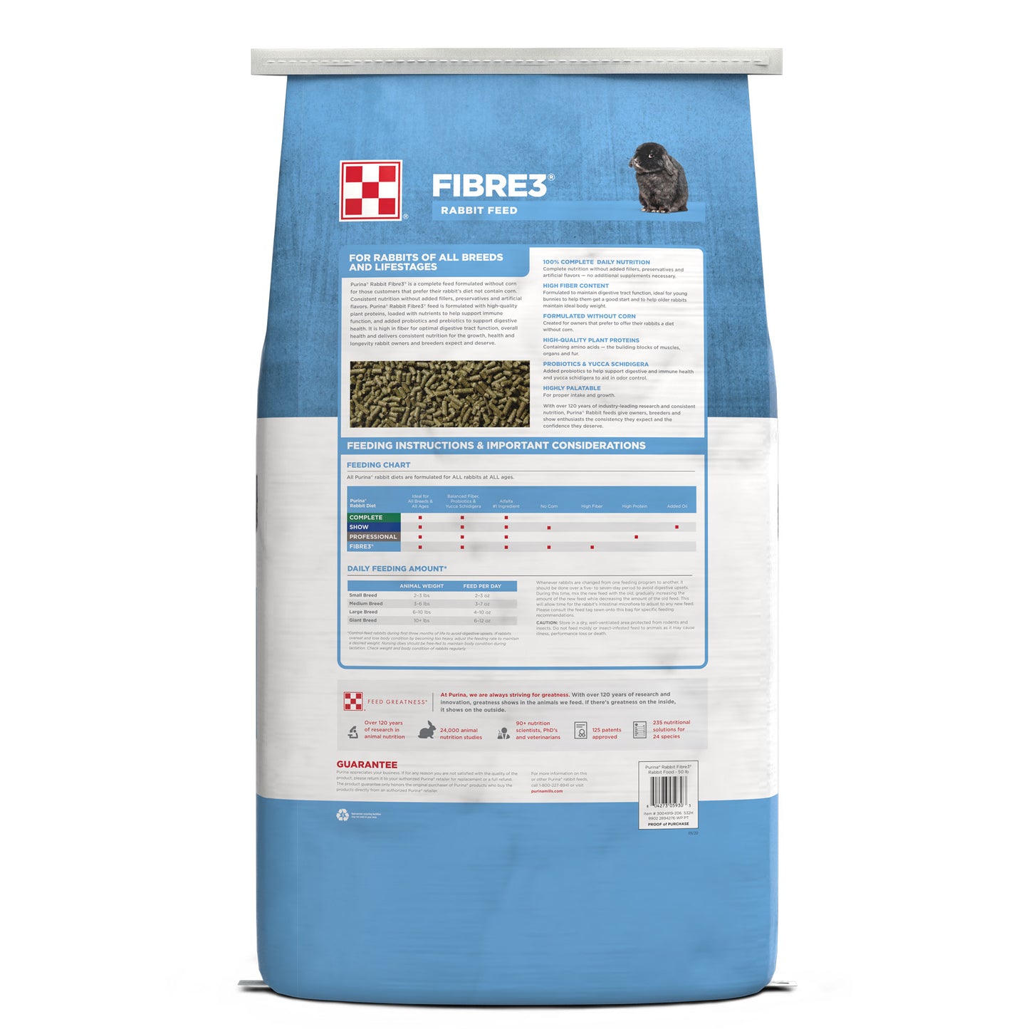 Back of the Purina RABBIT Fiber3 Feed 50 Pound Bag