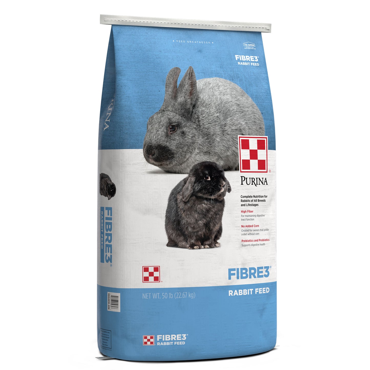 Left angle of the Purina RABBIT Fiber3 Feed 50 Pound Bag
