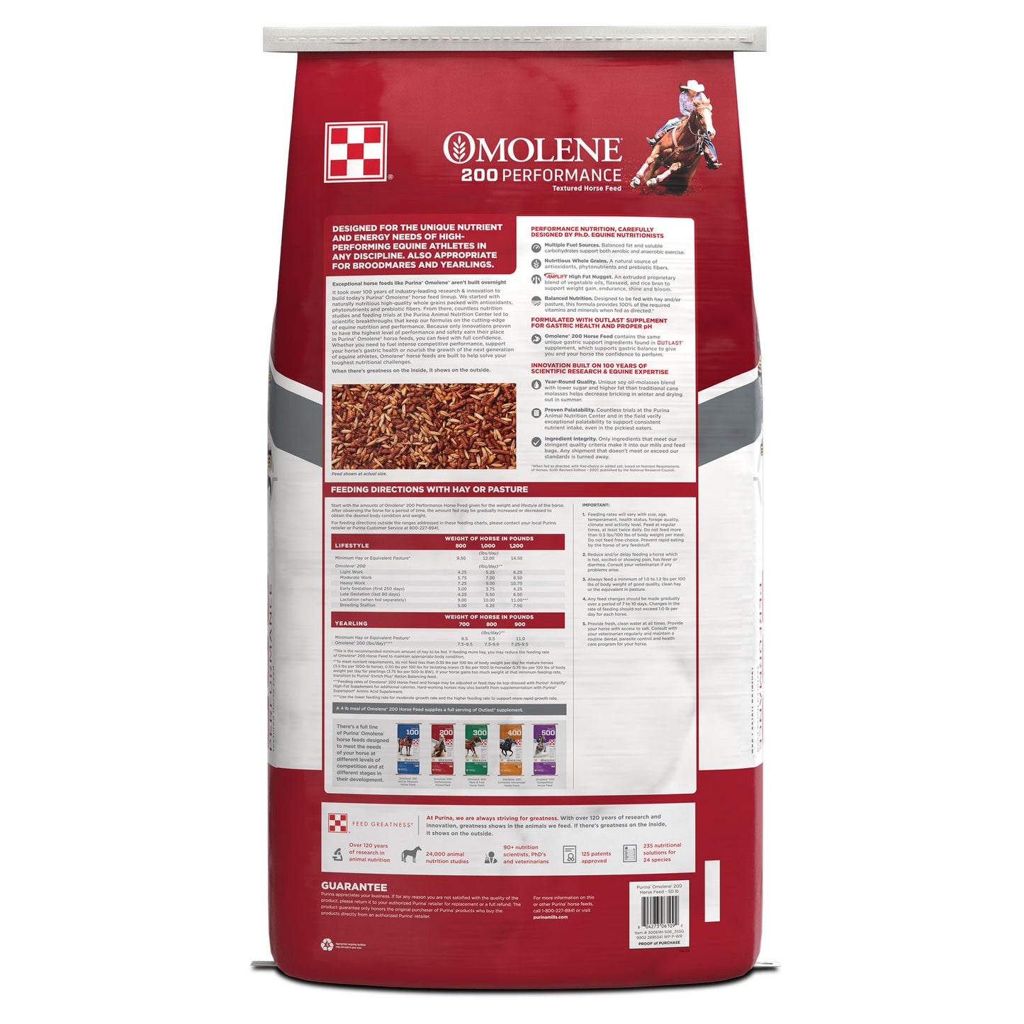 Back of Purina Omolene 200 50 Pound Bag