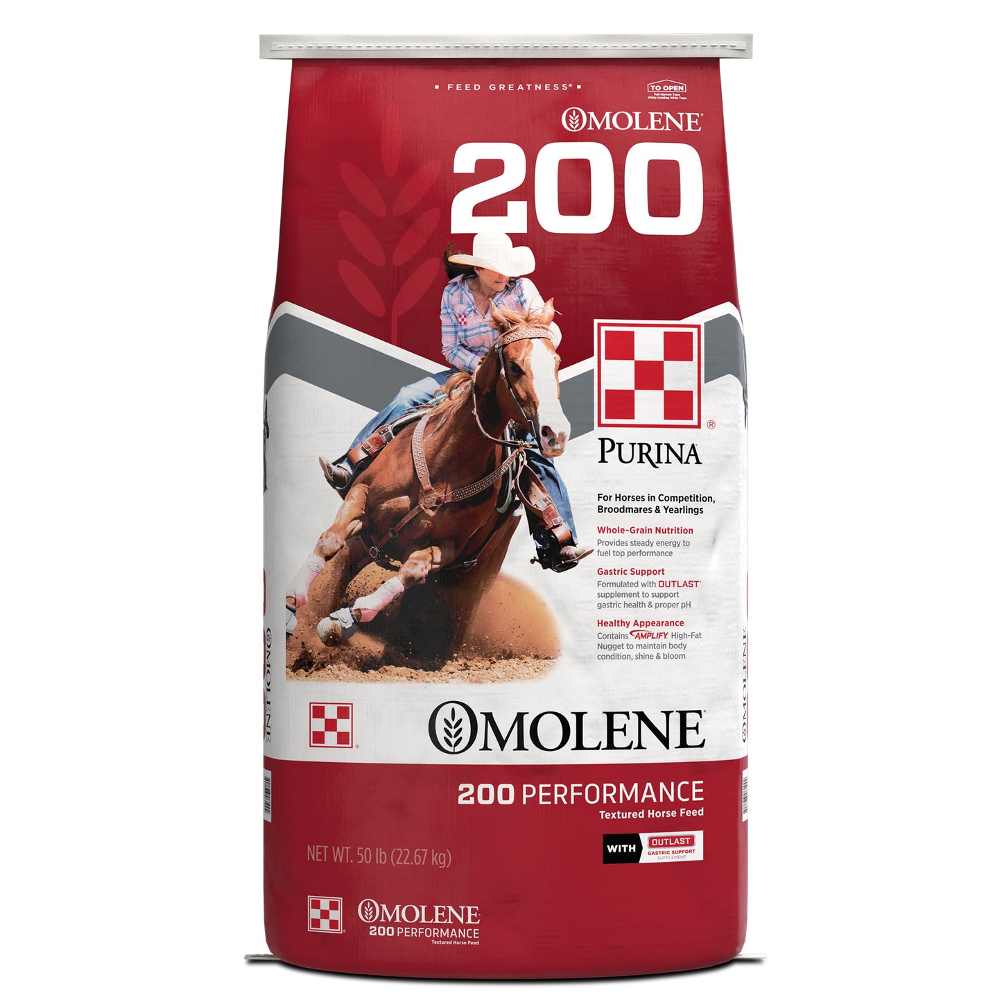 Front of Purina Omolene 200 50 Pound Bag