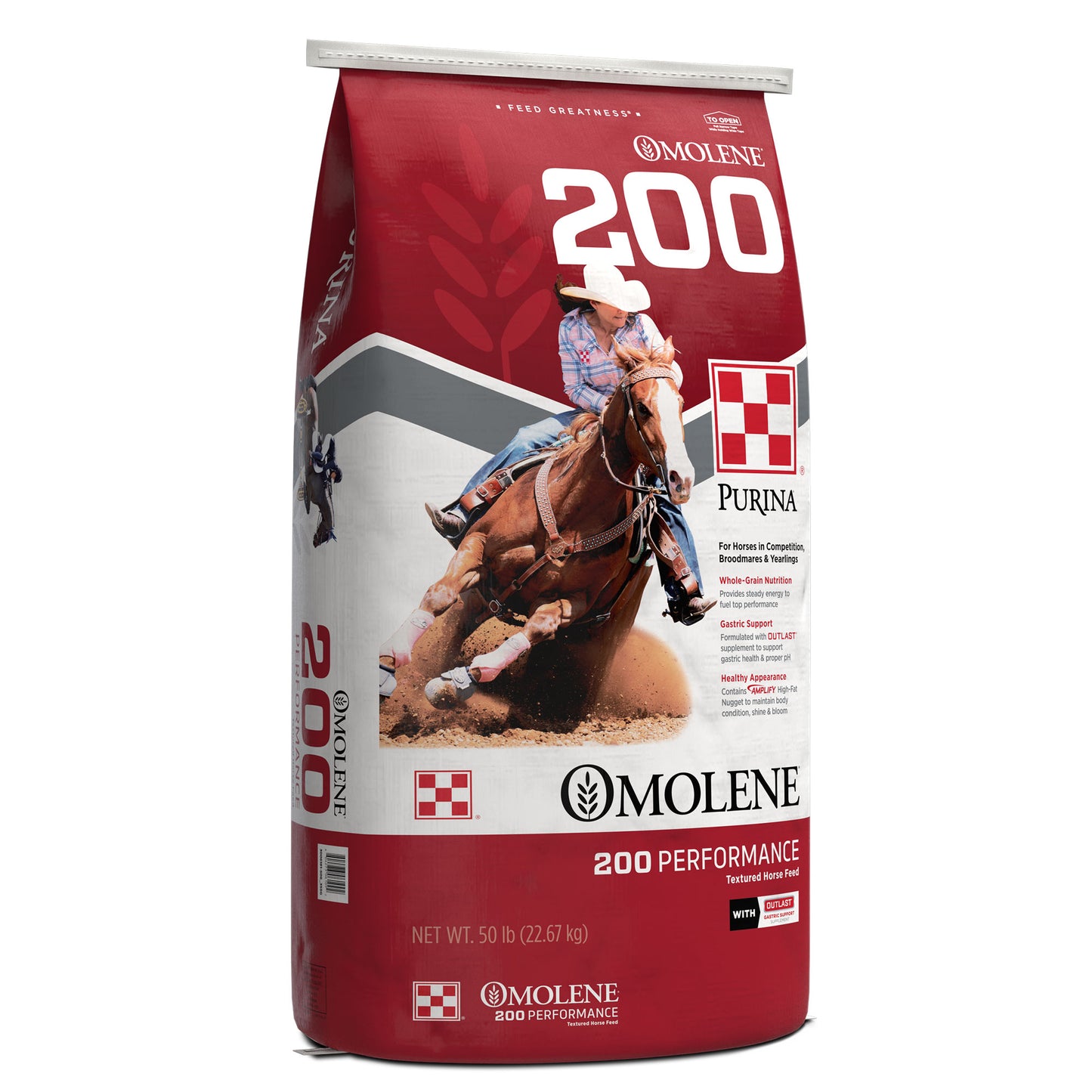Left angle of Purina Omolene 200 50 Pound Bag