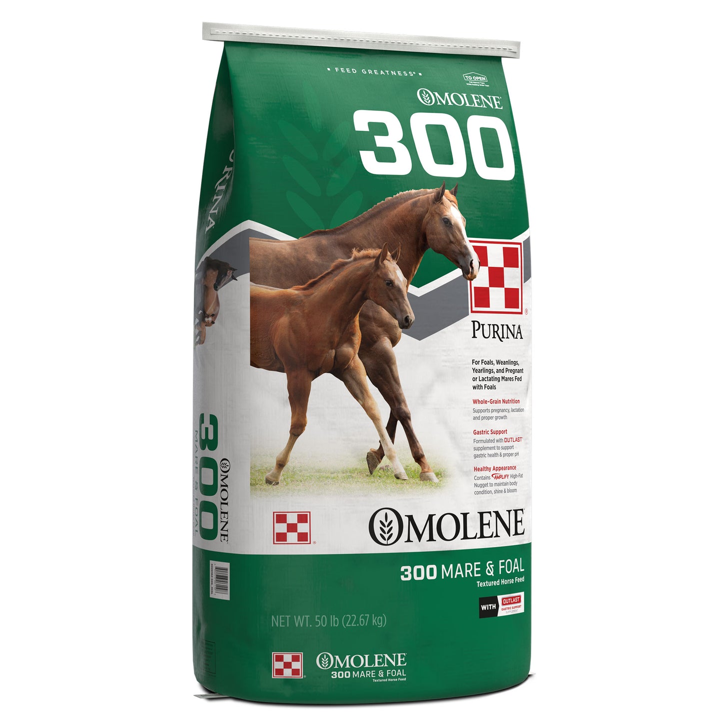 Left angle of Purina Omolene 300 Mare & Foal 50 Pound Bag