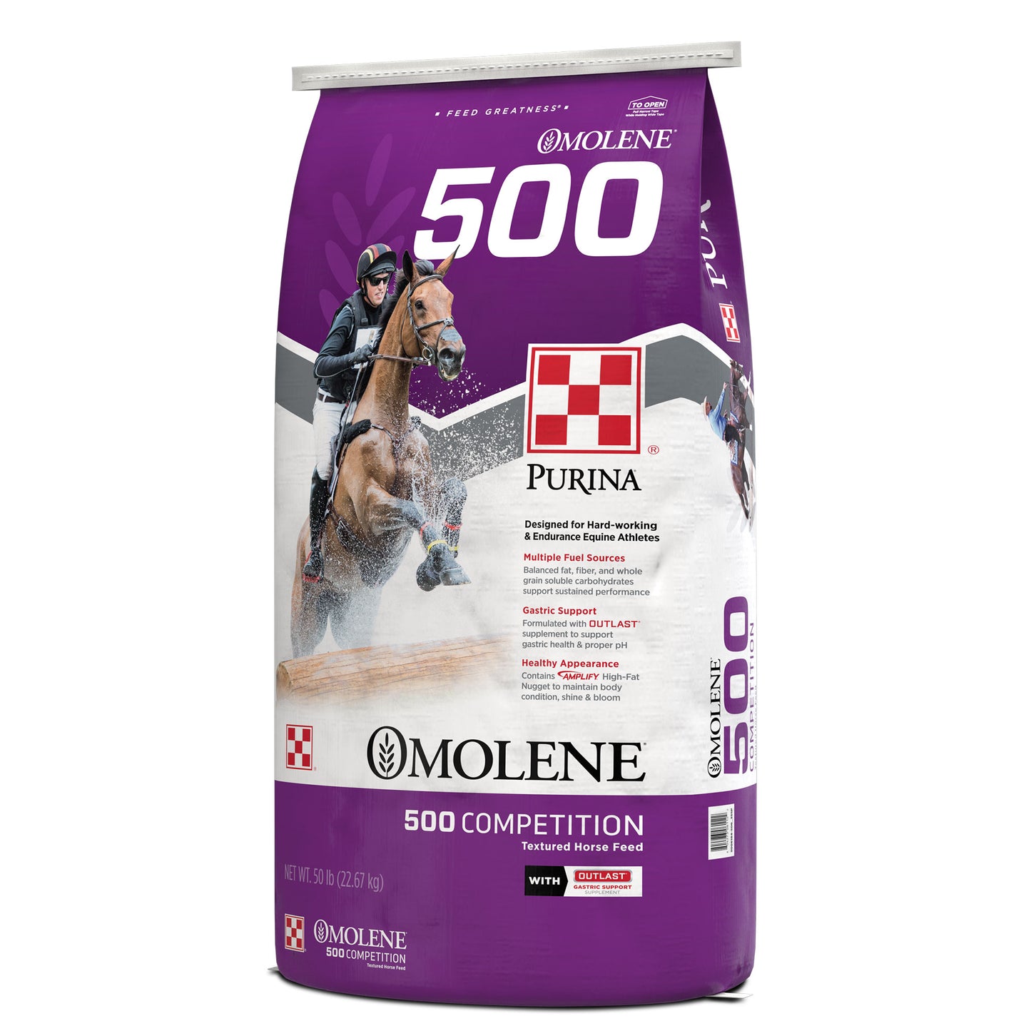 Right angle of Purina Omolene 500 Competition 50 Pound Bag