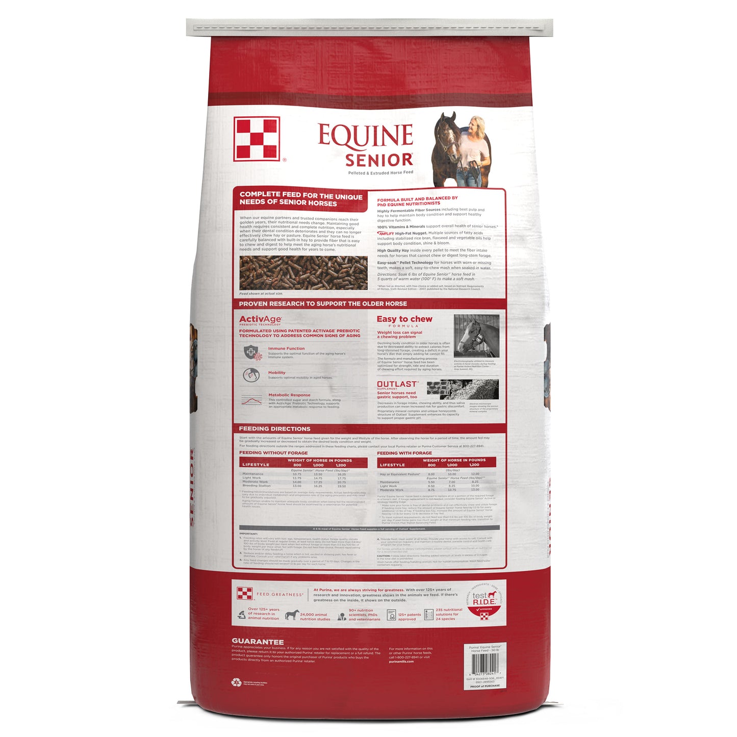 Back of Purina Equine Senior 50 Pound Bag