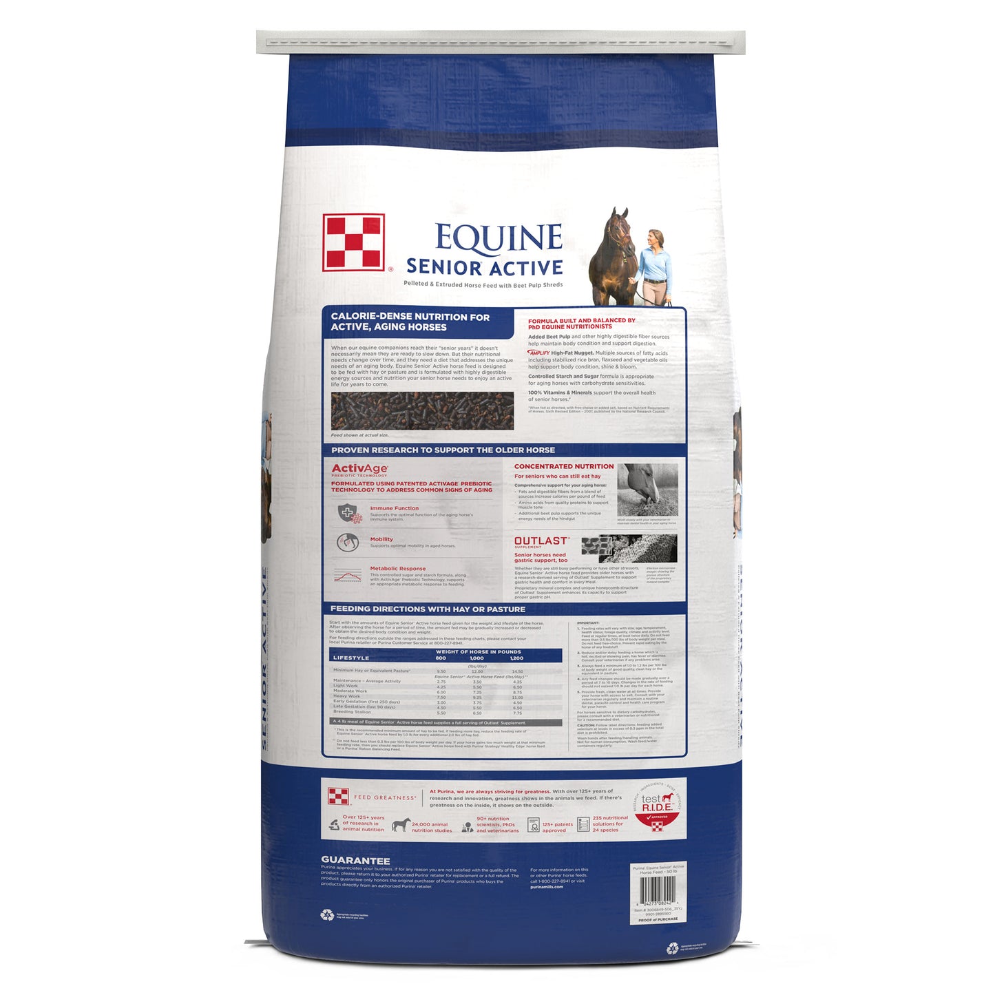 Back of Purina Equine Senior Active 50 Pound Bag