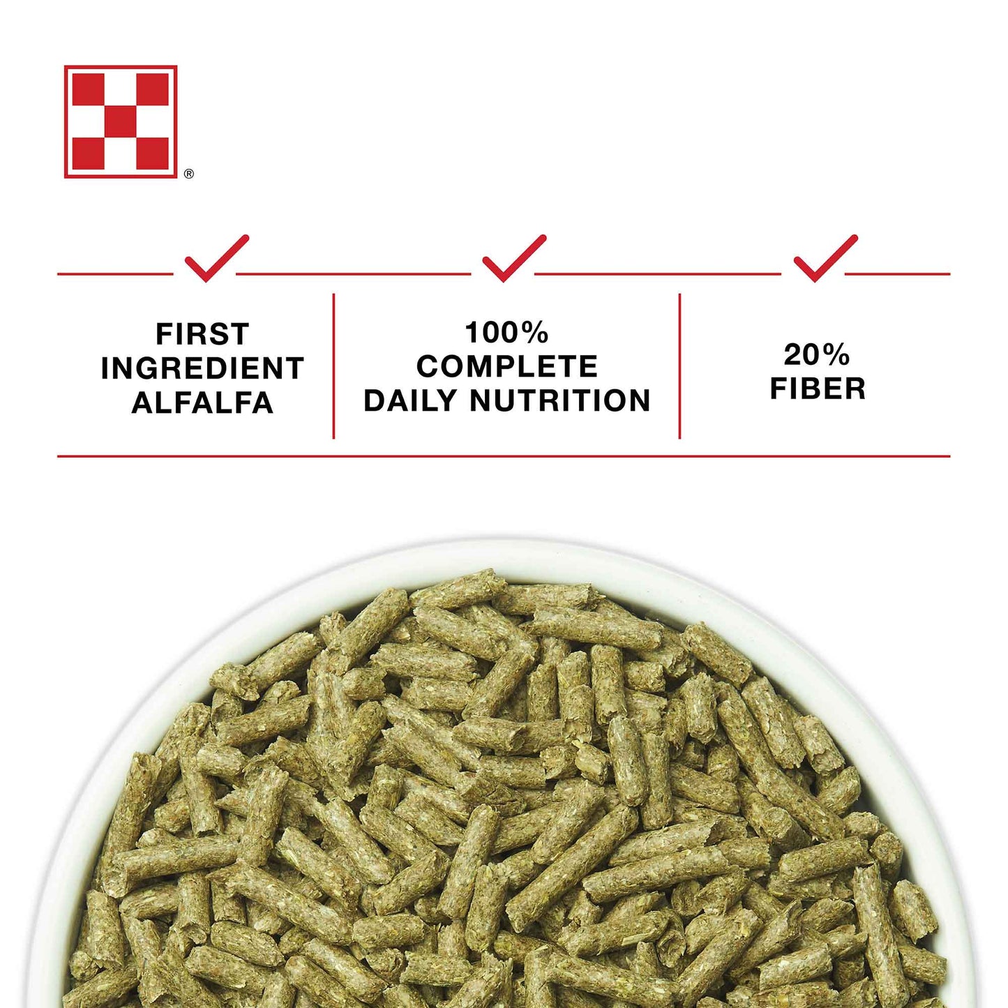 Purina Fibre3 Rabbit Feed in a white bowl on a white background