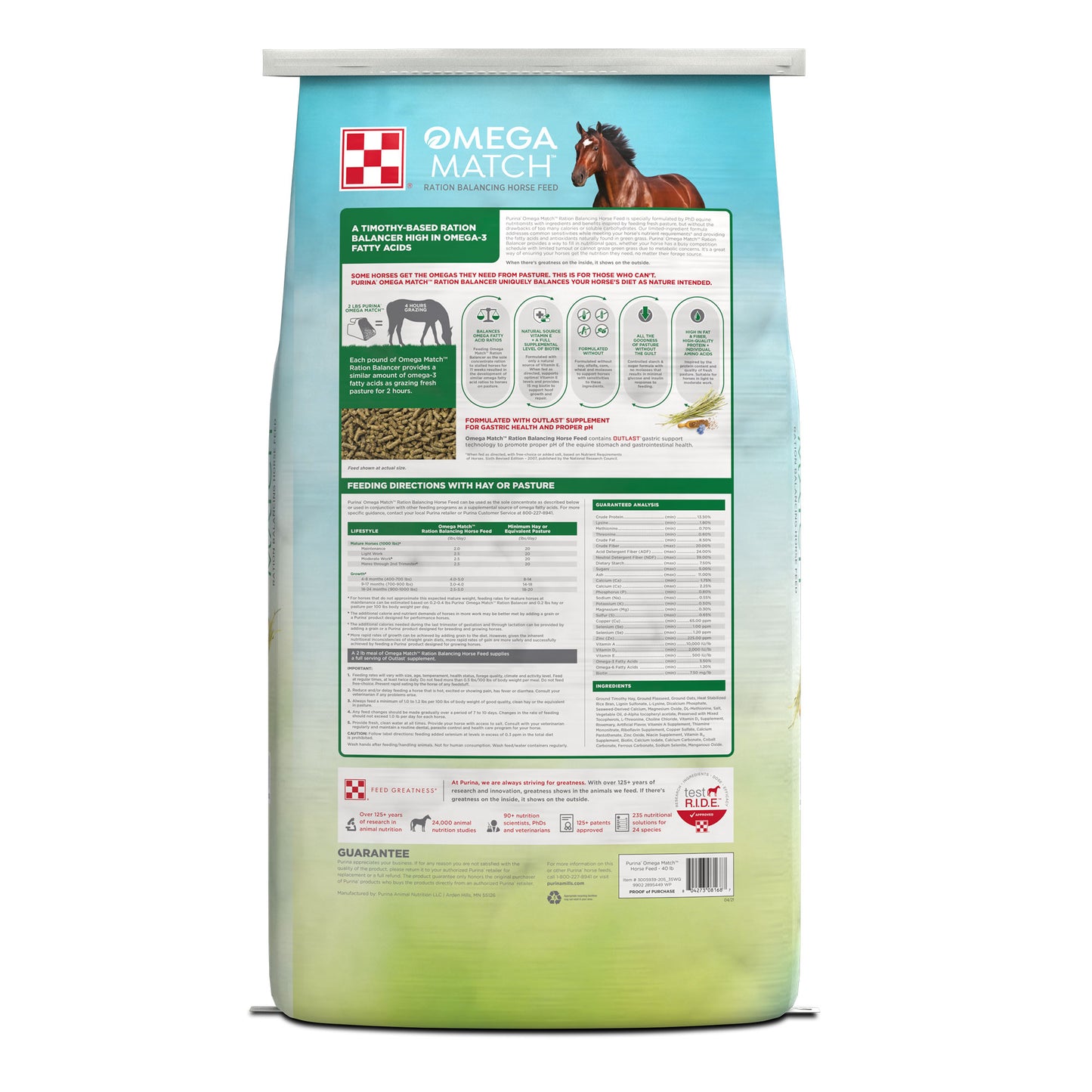 Back of Purina Omega Match Ration Balancing Horse Feed 40 Pound bag