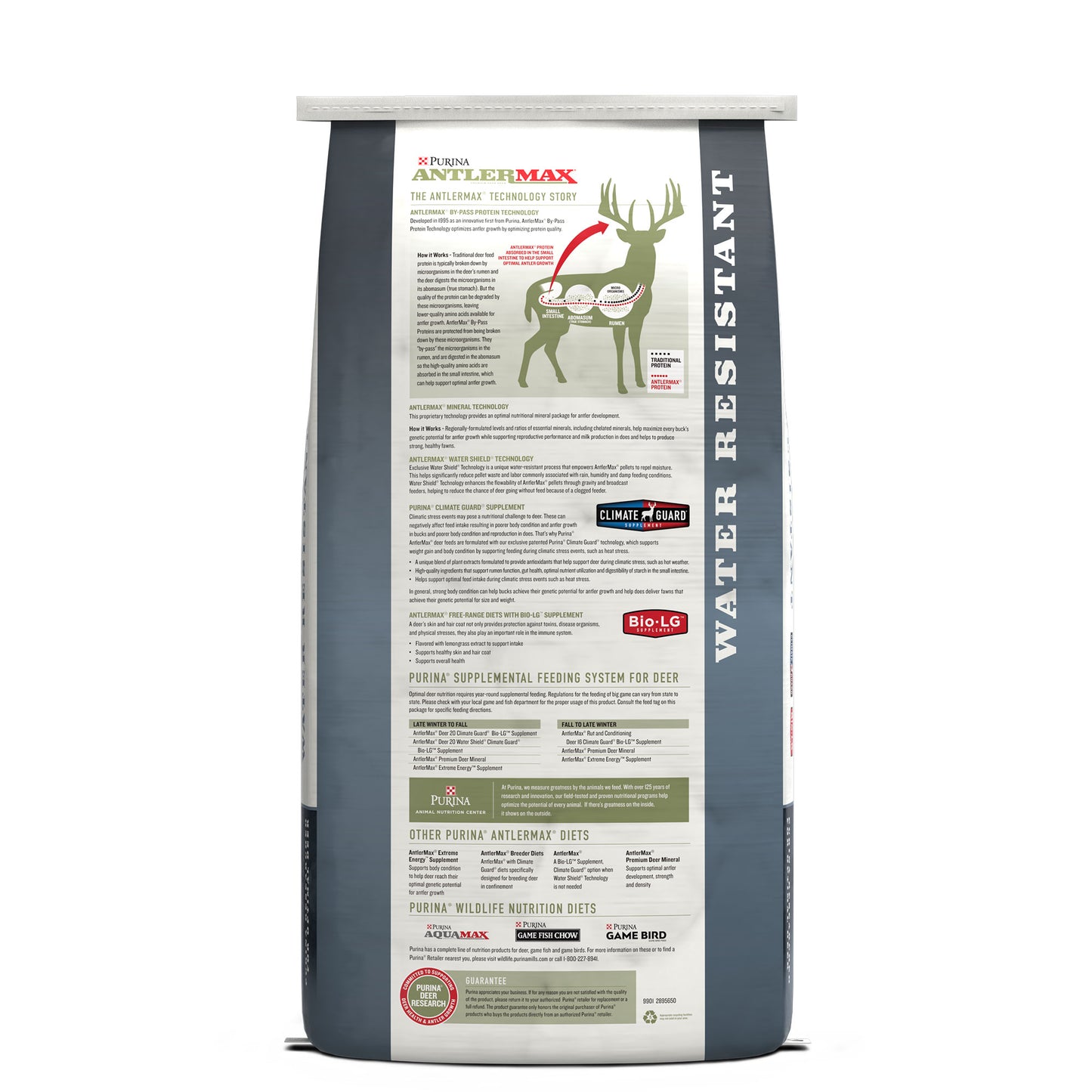 Back of Purina AntlerMax Water Resistant Deer 20 Climate Guard 50 Pound Bag