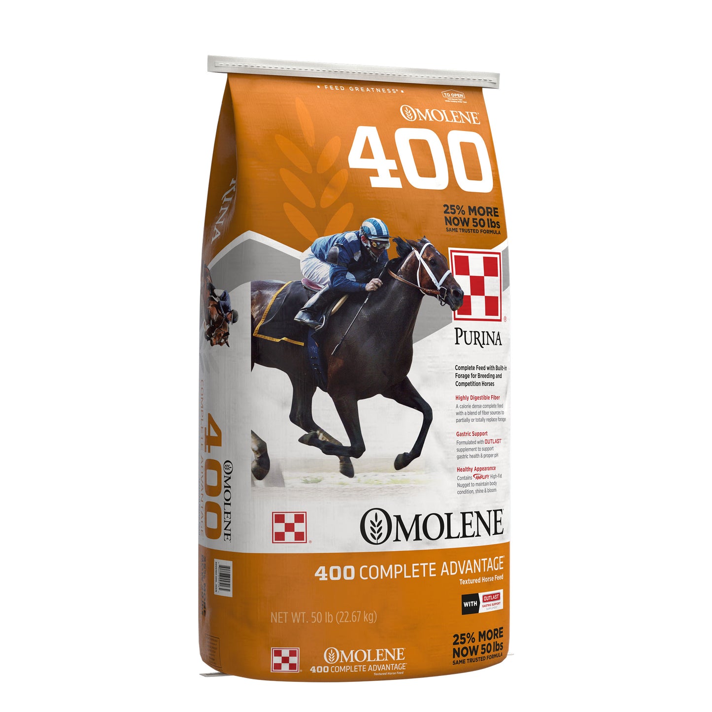 Left angle of Purina Omolene 400 Complete Advantage 50 Pound Bag