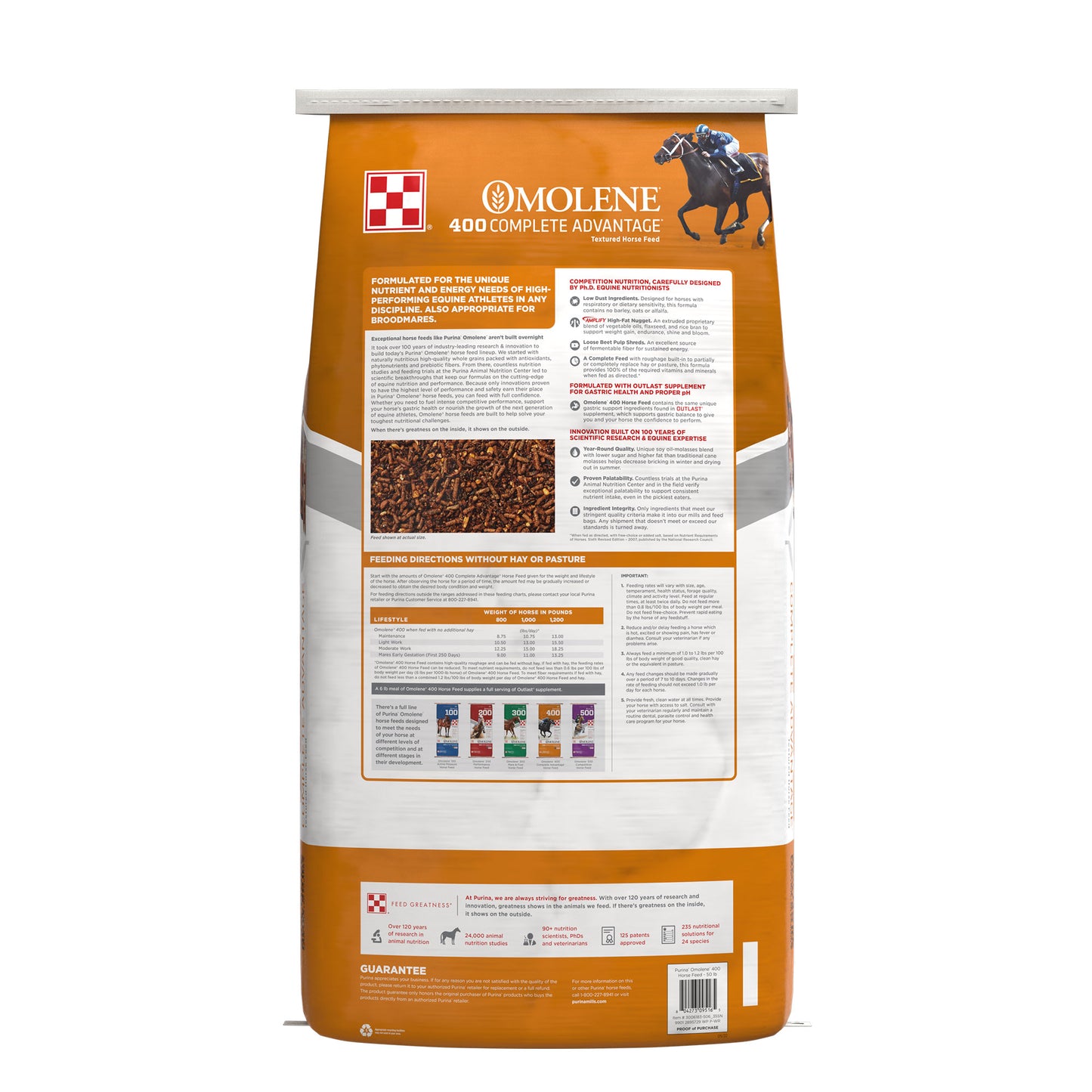Back of Purina Omolene 400 Complete Advantage 50 Pound Bag