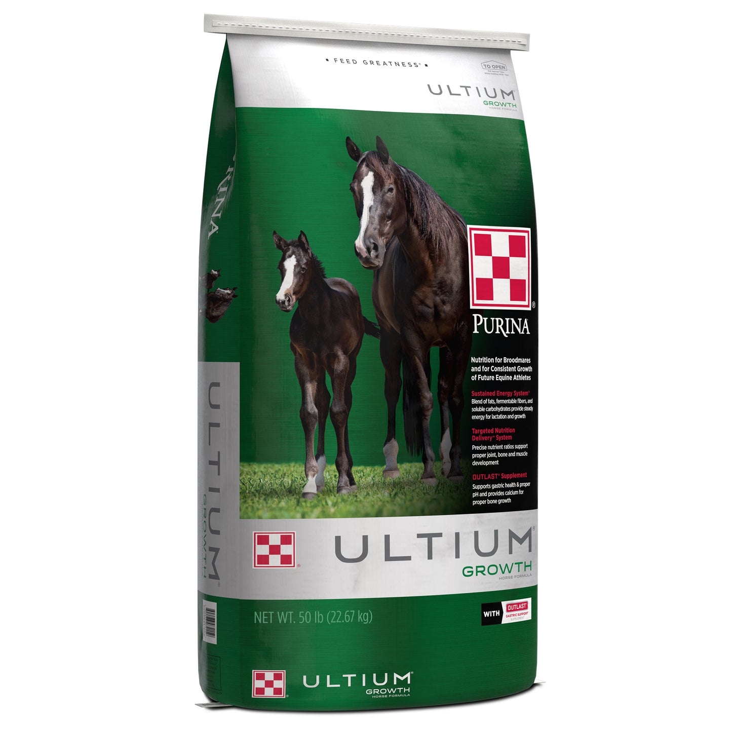 Left angle of Purina Ultium Growth Horse Formula 50 Pound Bag