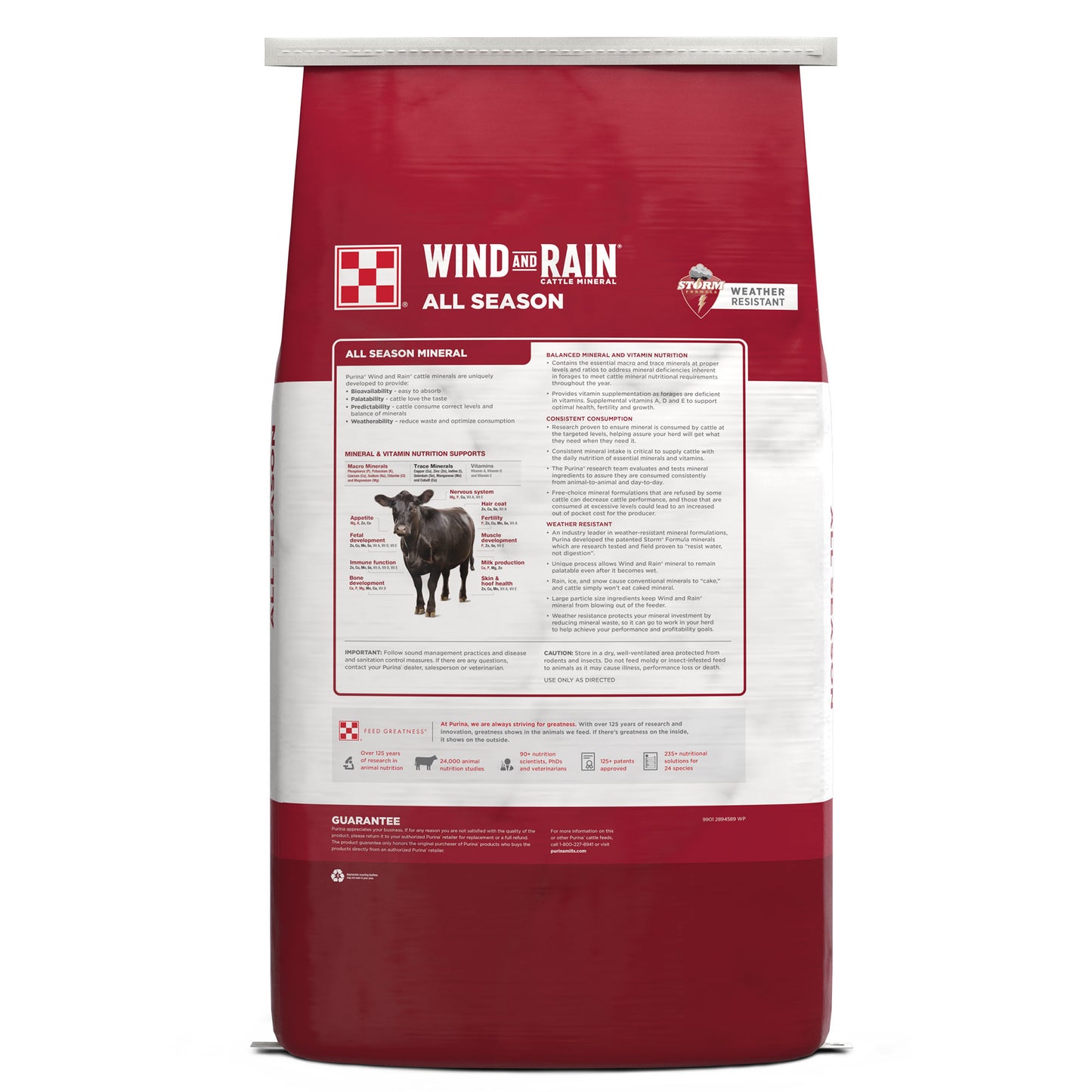 Back of Purina Wind and Rain All Season 50 Pound Bag