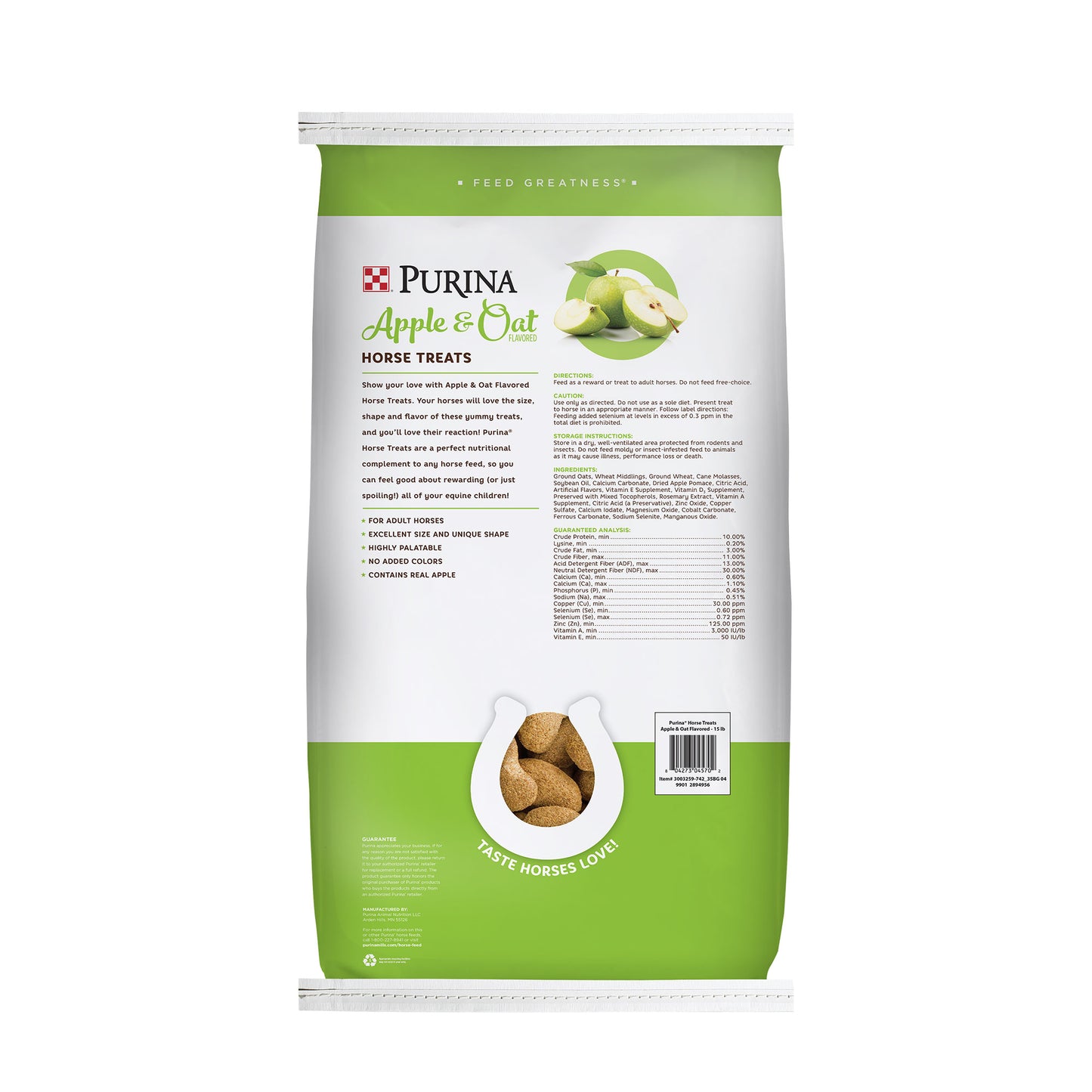 Back of Purina Apple & Oat Horse Treat 15 Pound Bag