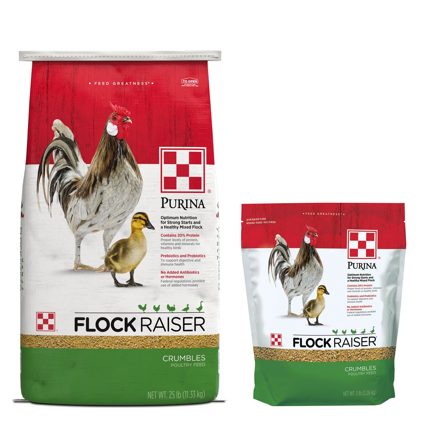 Purina Flock Raiser 50 Pound Bag and the 10 pound Bag