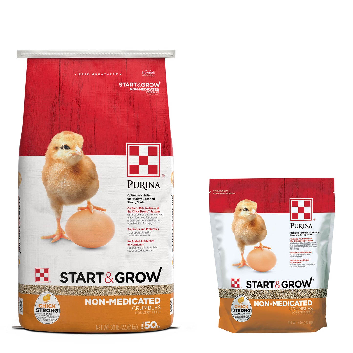 Purina Start & Grow 50 Pound Bag and 5 pouch pouch grouped together