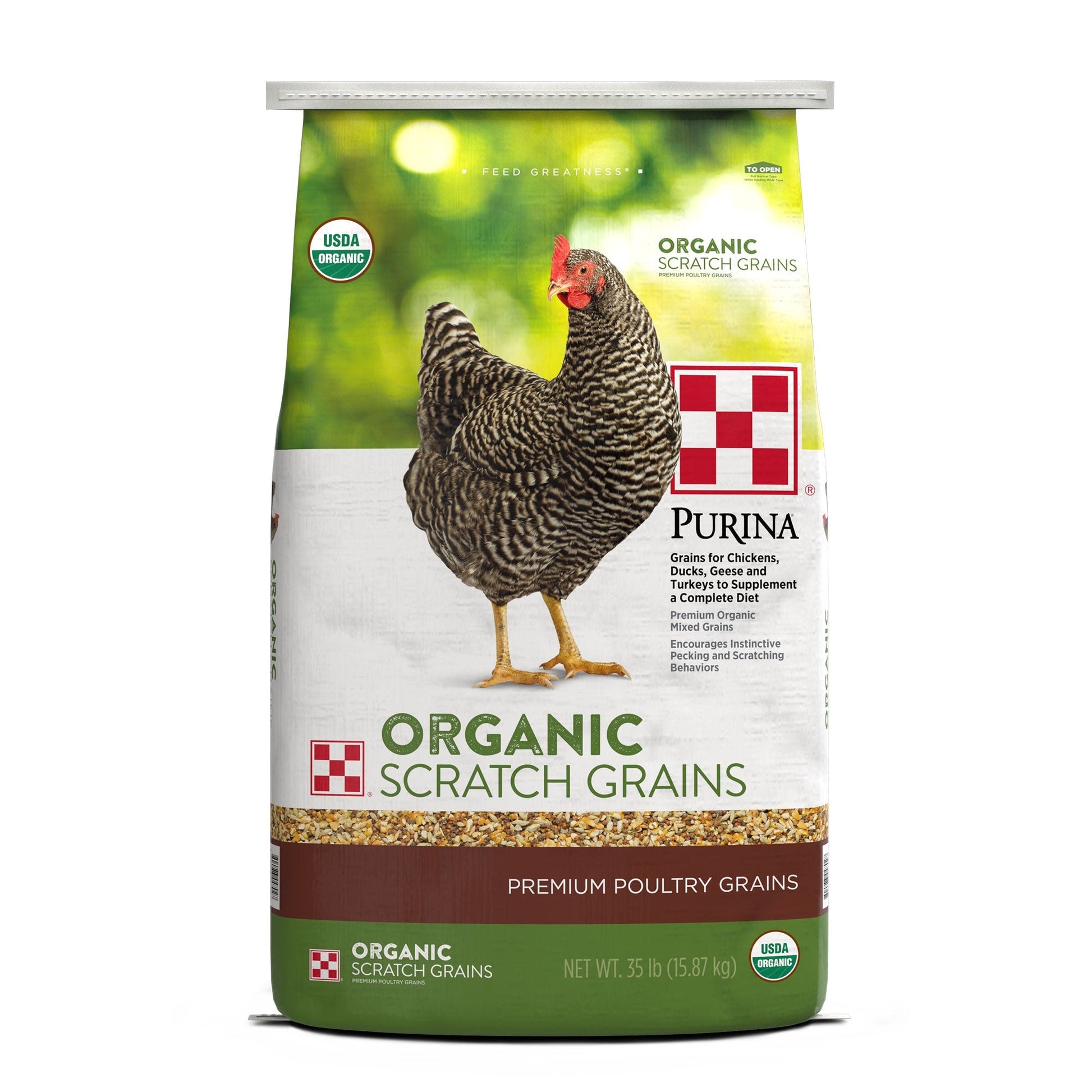 Front of Purina Organic Scratch Grains 35 Pound Bag