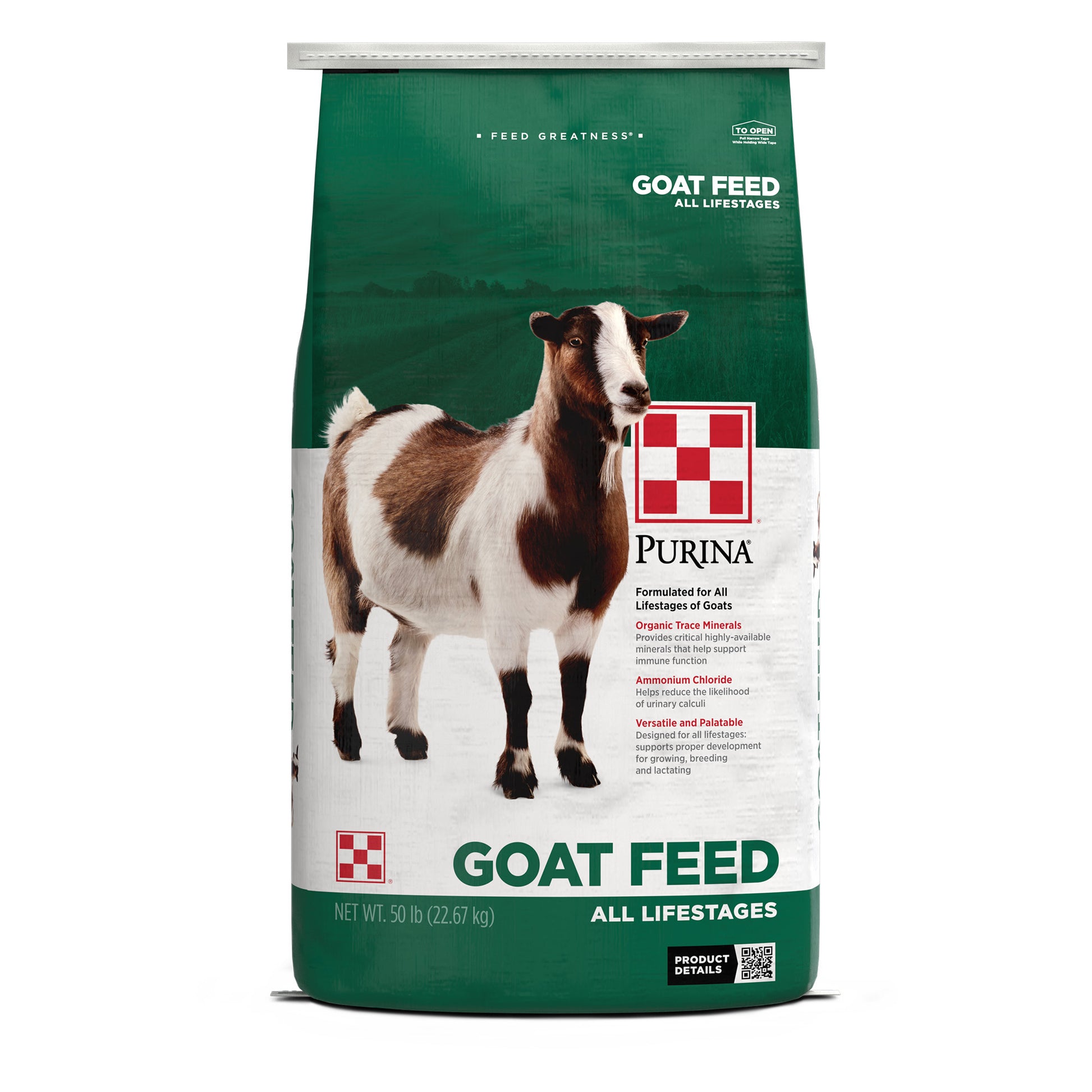 Front of Purina Goat Feed 50 Pound Bag