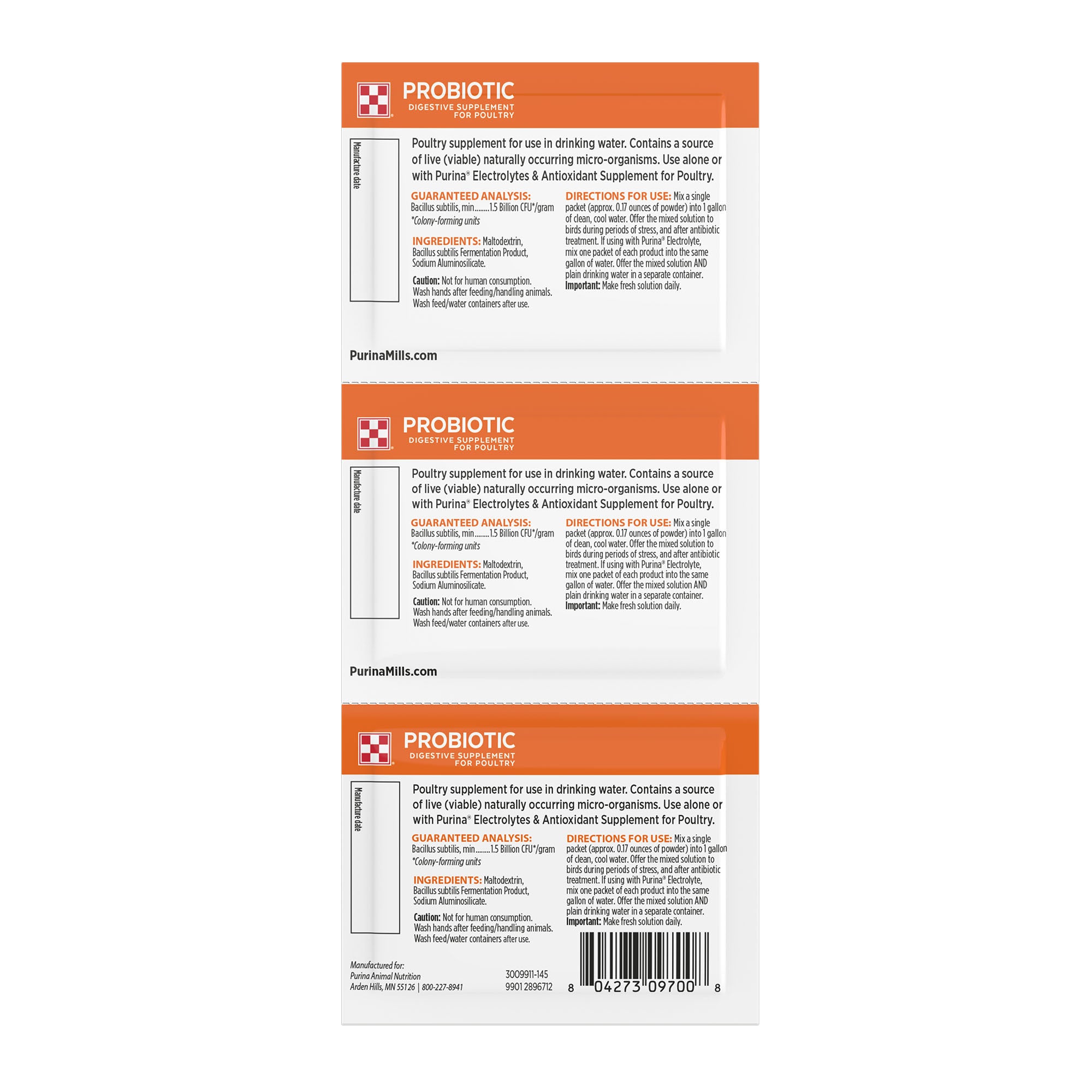 Back of Purina® Probiotic Digestive Supplement for Poultry/