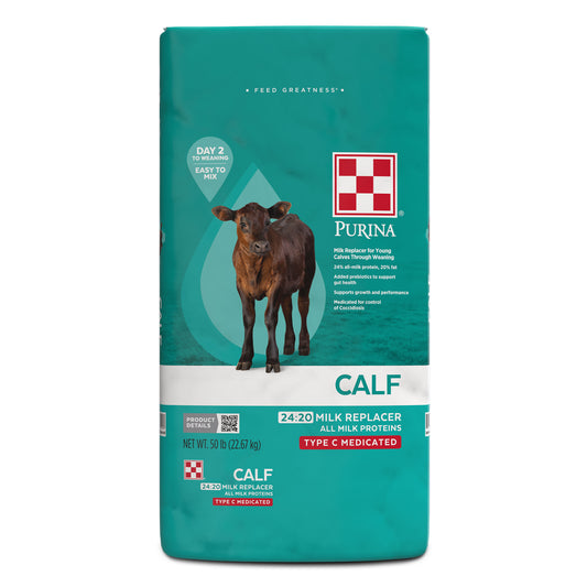 Front of Purina Calf 24-20 Medicated Milk replacer 50 Pound Bag
