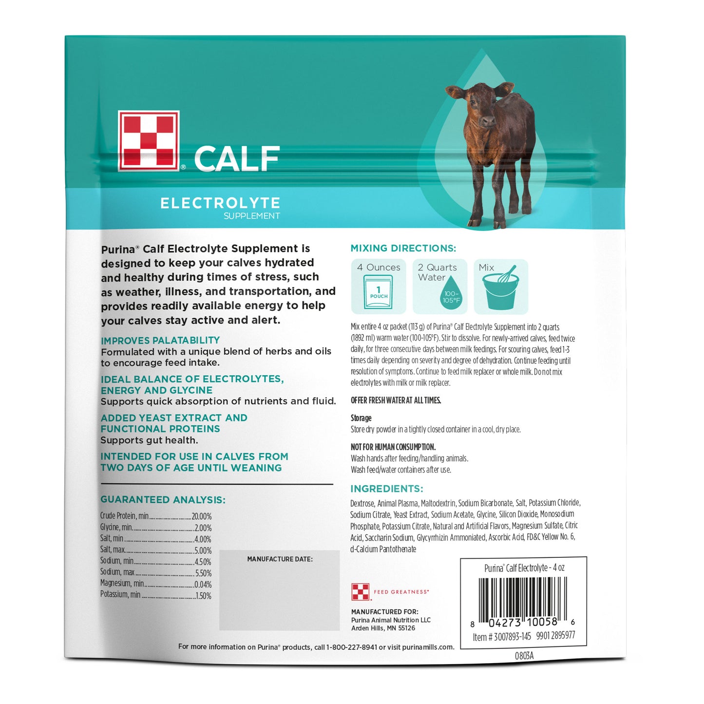 Back of Purina Calf Electrolyte 4 OZ Pouch