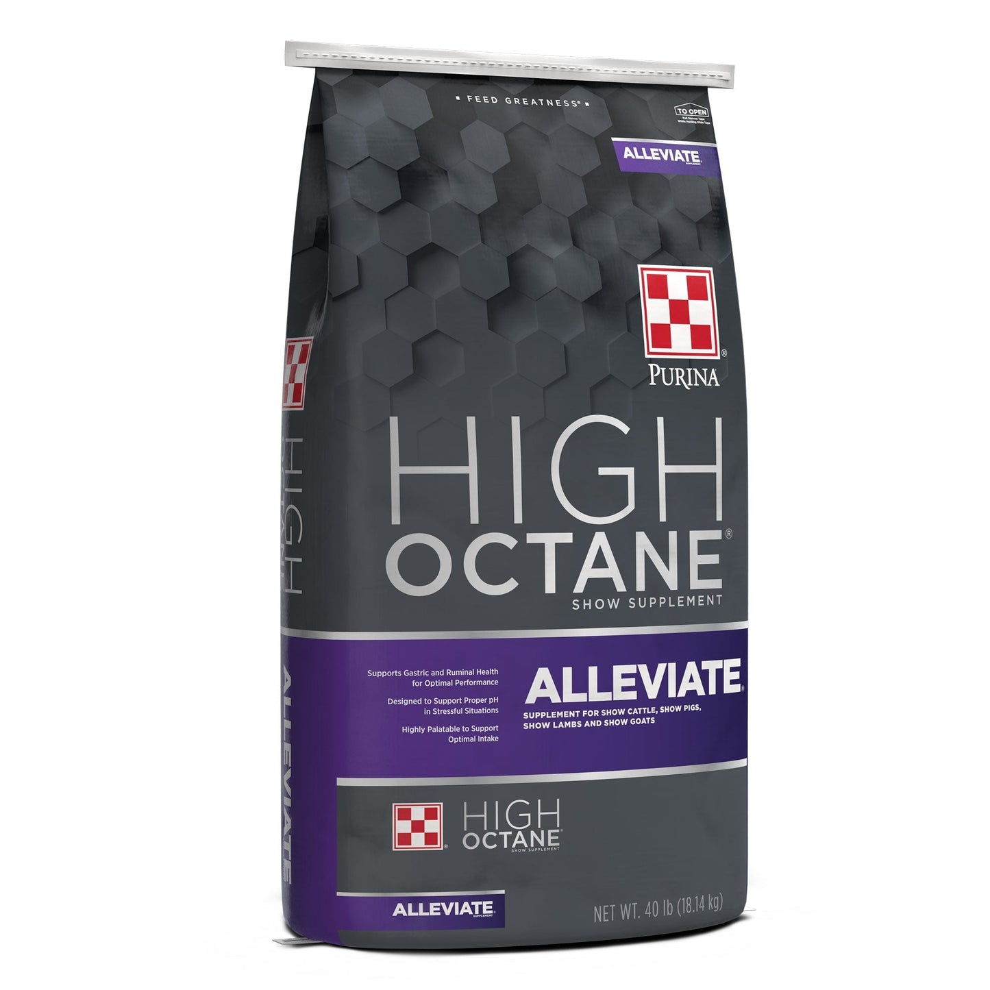 Left angle of Purina High Octane Alleviate Show Supplement