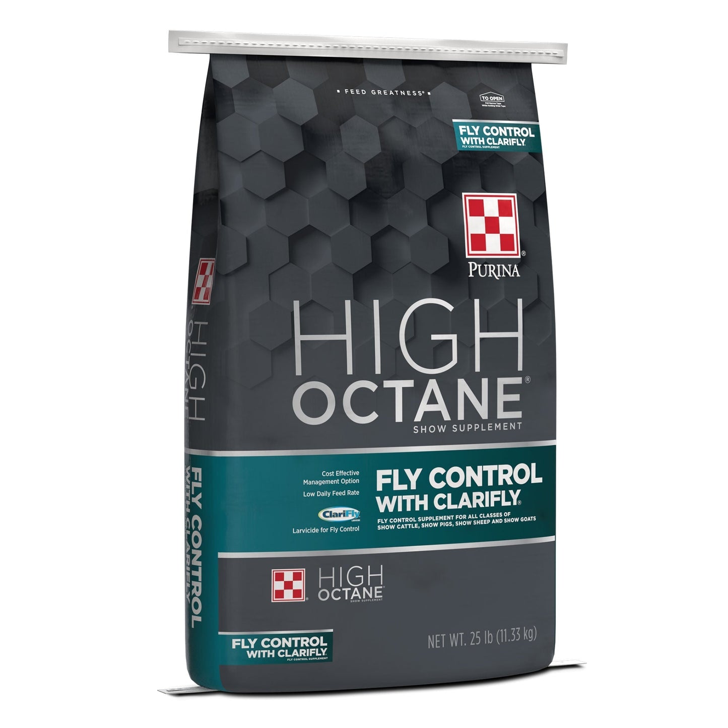 Left angle of Purina® High Octane® Fly Control Supplement with ClariFly®